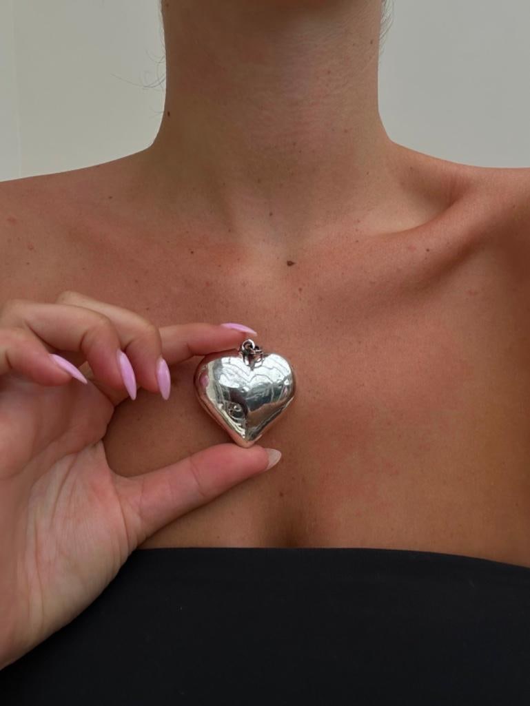 Huge Vintage Silver Puffed Heart Pendant - 2