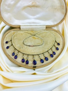 Antique Boxed Amethyst and Pearl Fringe Necklace in 9ct Gold