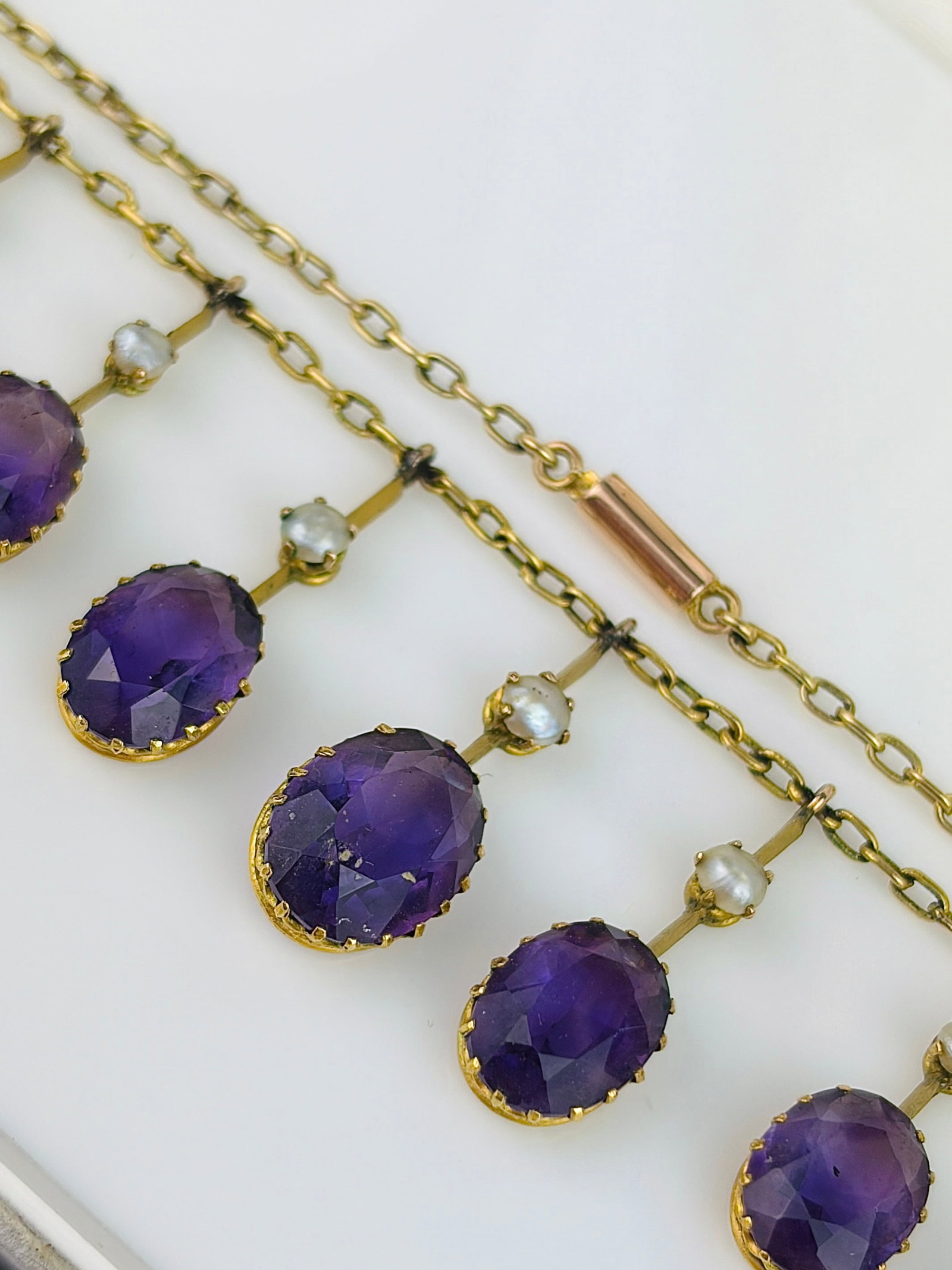 Antique Boxed Amethyst and Pearl Fringe Necklace in 9ct Gold - 5
