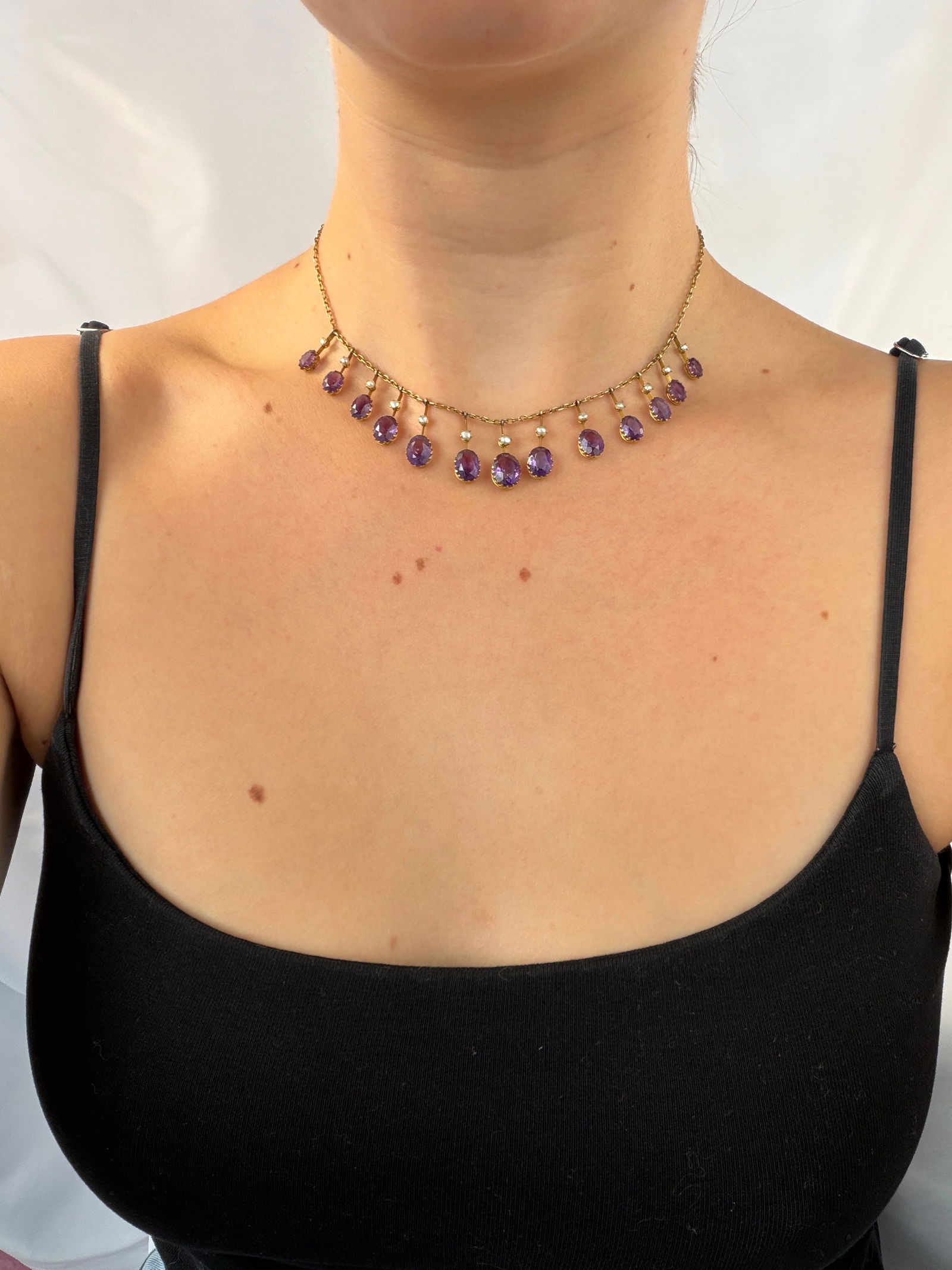 Antique Boxed Amethyst and Pearl Fringe Necklace in 9ct Gold - 7