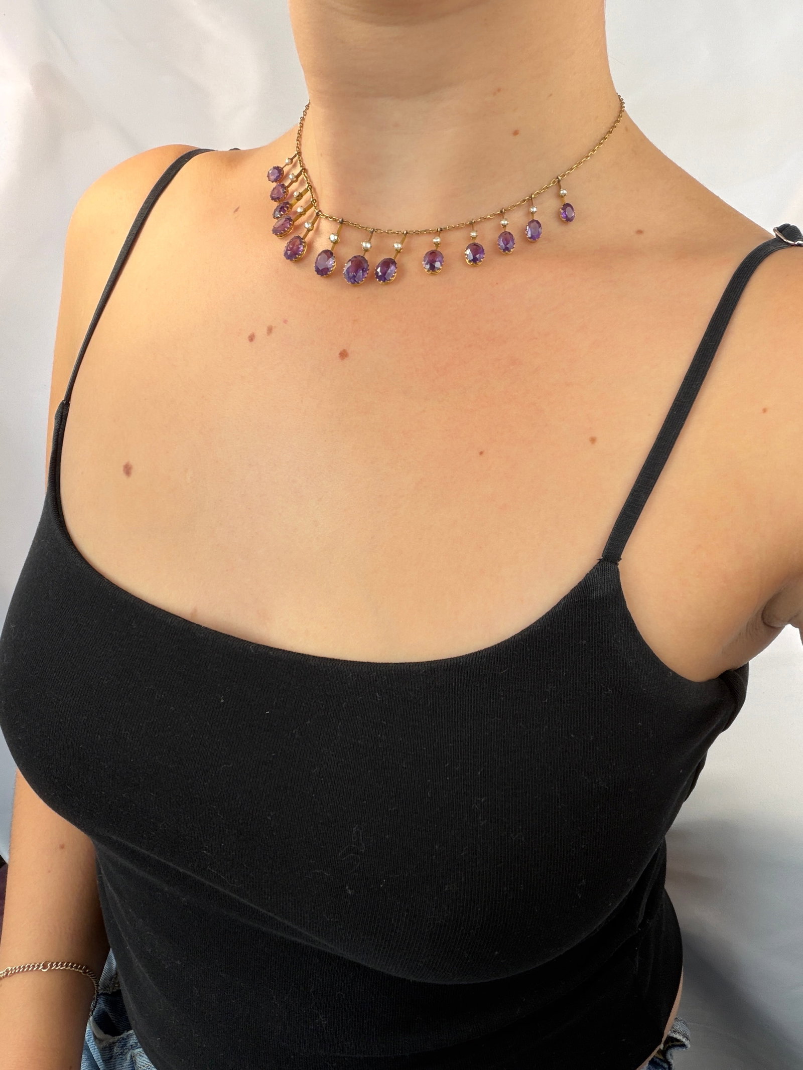 Antique Boxed Amethyst and Pearl Fringe Necklace in 9ct Gold - 8