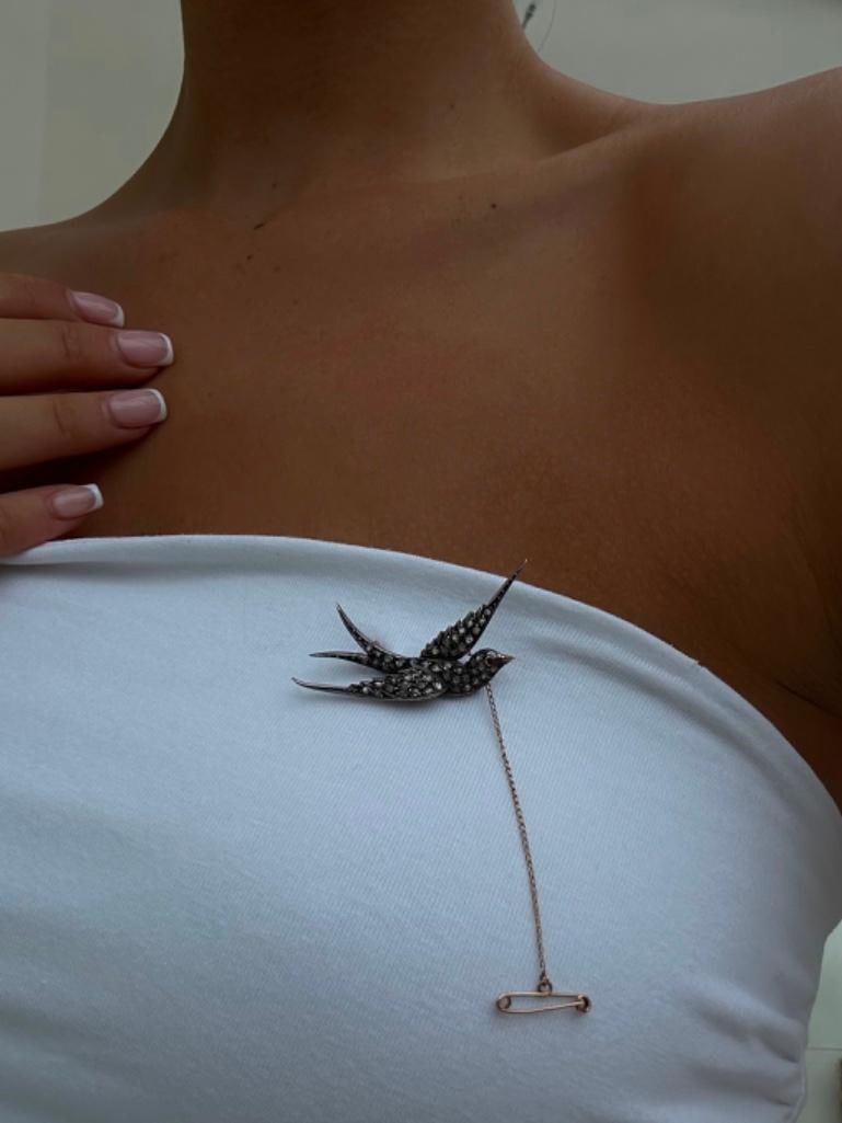 Antique Rose Cut Diamond Large Bird / Swallow Brooch in Green Velvet Box - 2