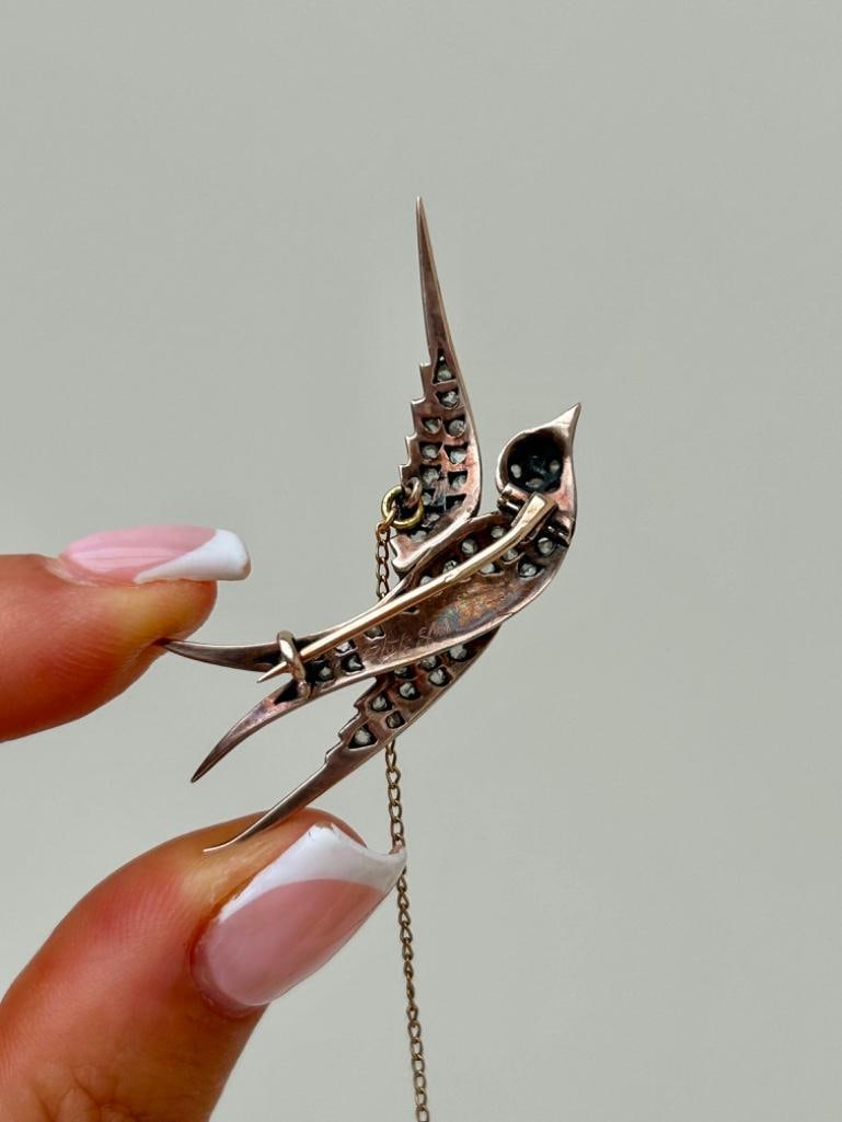 Antique Rose Cut Diamond Large Bird / Swallow Brooch in Green Velvet Box - 3