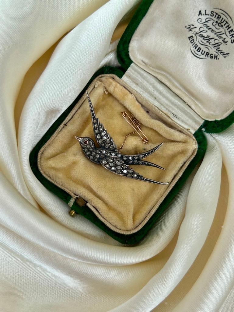 Antique Rose Cut Diamond Large Bird / Swallow Brooch in Green Velvet Box - 4