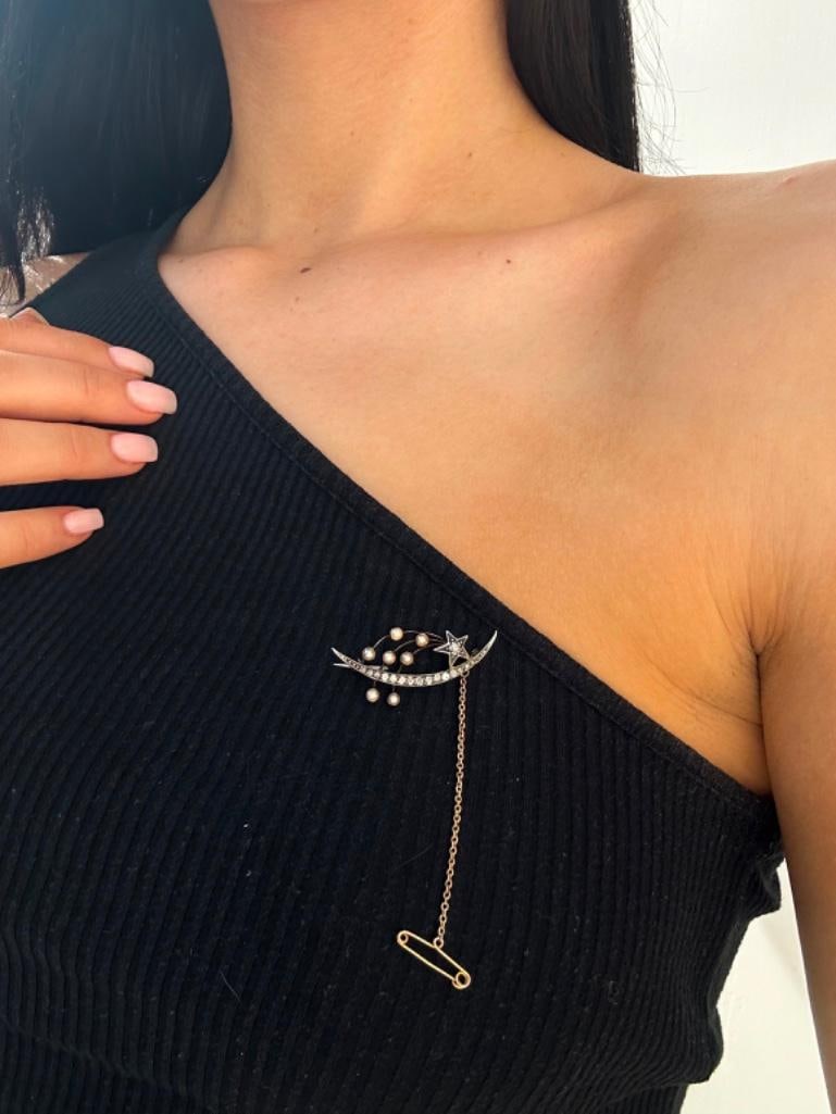 Antique Diamond & Pearl Crescent Shooting Star Lucky Brooch - 2