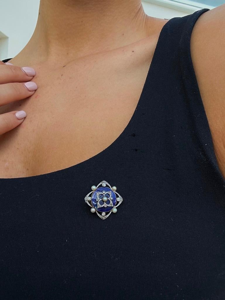 Antique Bristol Blue Glass Diamond and Pearl Locket Back Brooch - 2