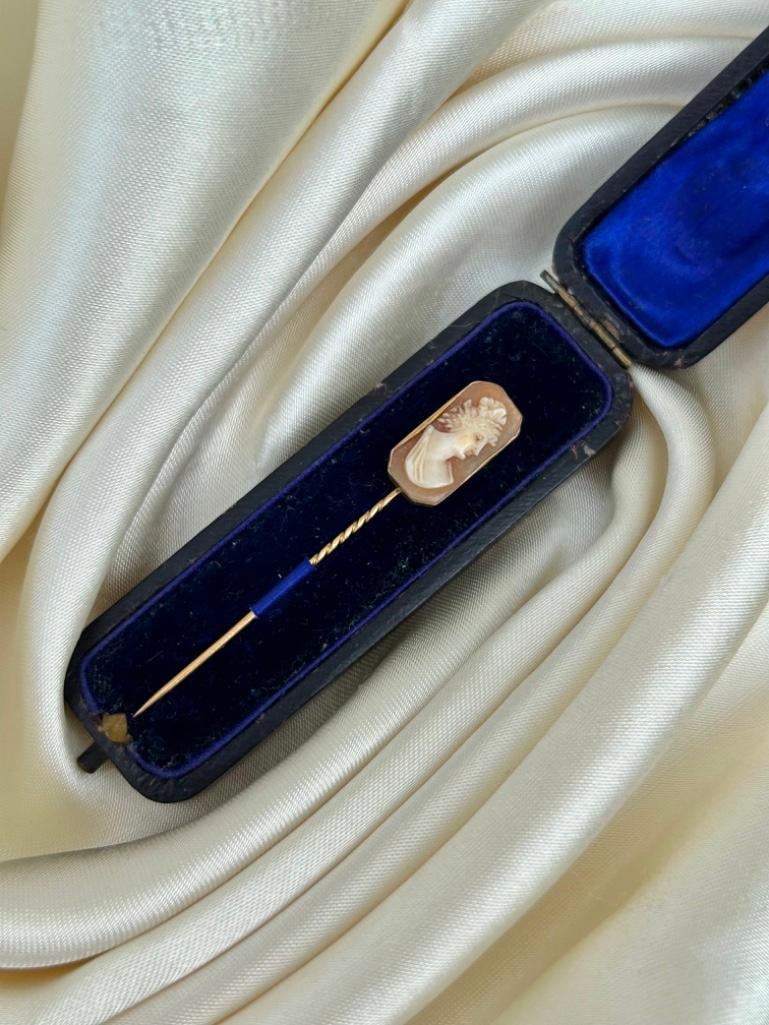 Antique Boxed Cameo Gold Stick Pin Brooch - 2