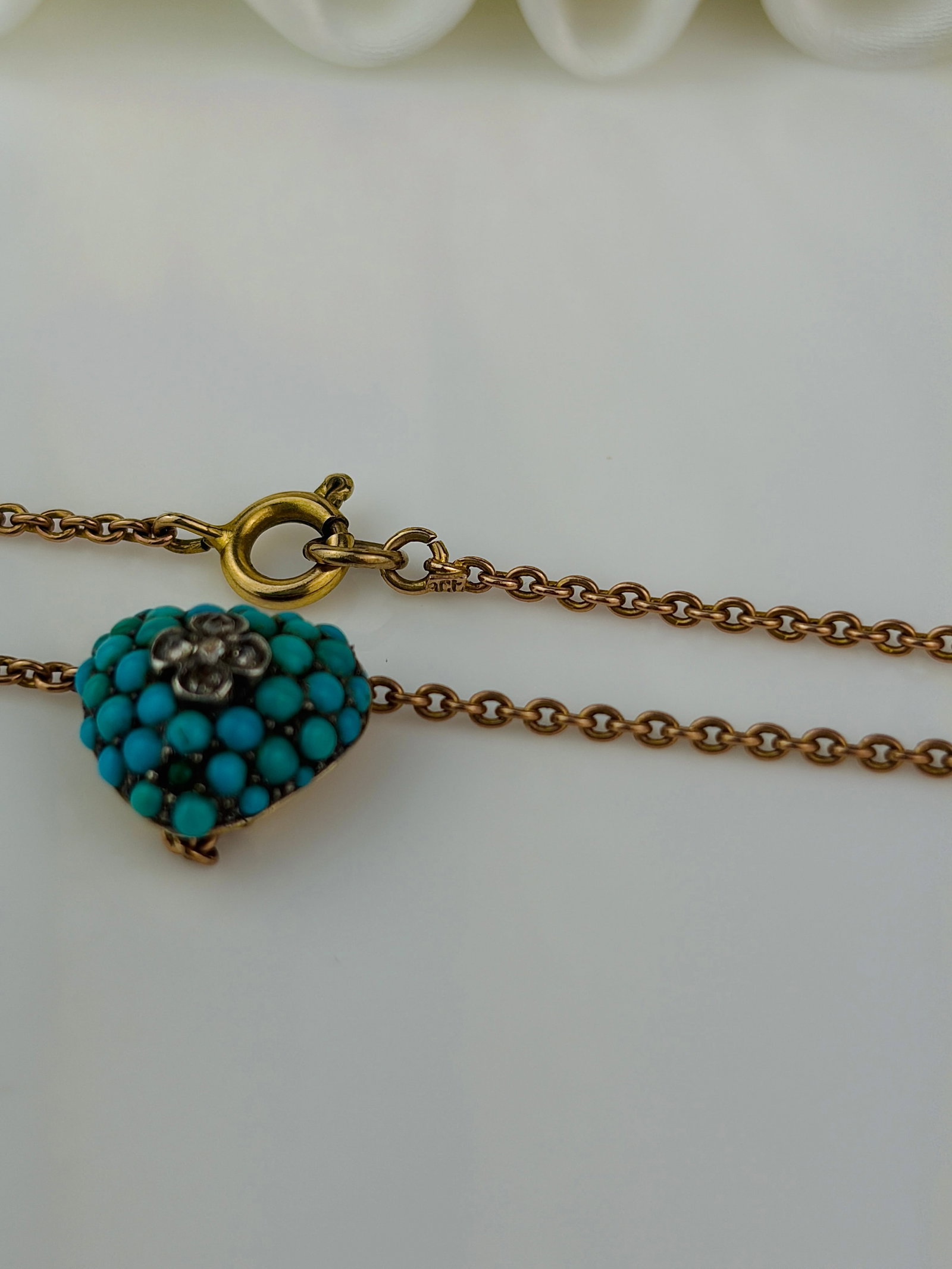 ANTIQUE GOLD ROSE CUT DIAMOND FLOWER / PAVE TURQUOISE HEART PENDANT ON GOLD CHAIN - 3