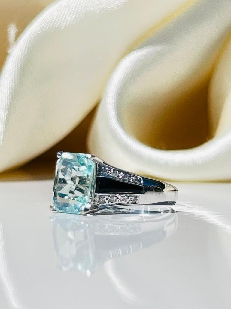 Amazing aquamarine Onyx and diamond 9K white gold chunky ring - 2