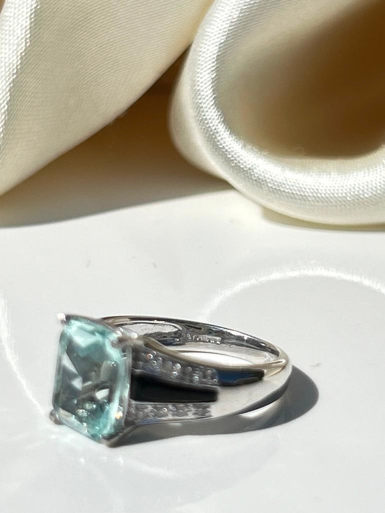 Amazing aquamarine Onyx and diamond 9K white gold chunky ring - 3