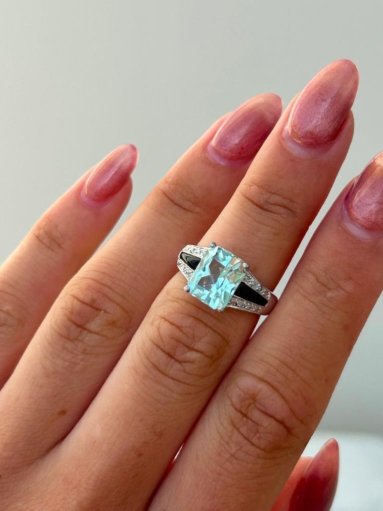 Amazing aquamarine Onyx and diamond 9K white gold chunky ring - 7