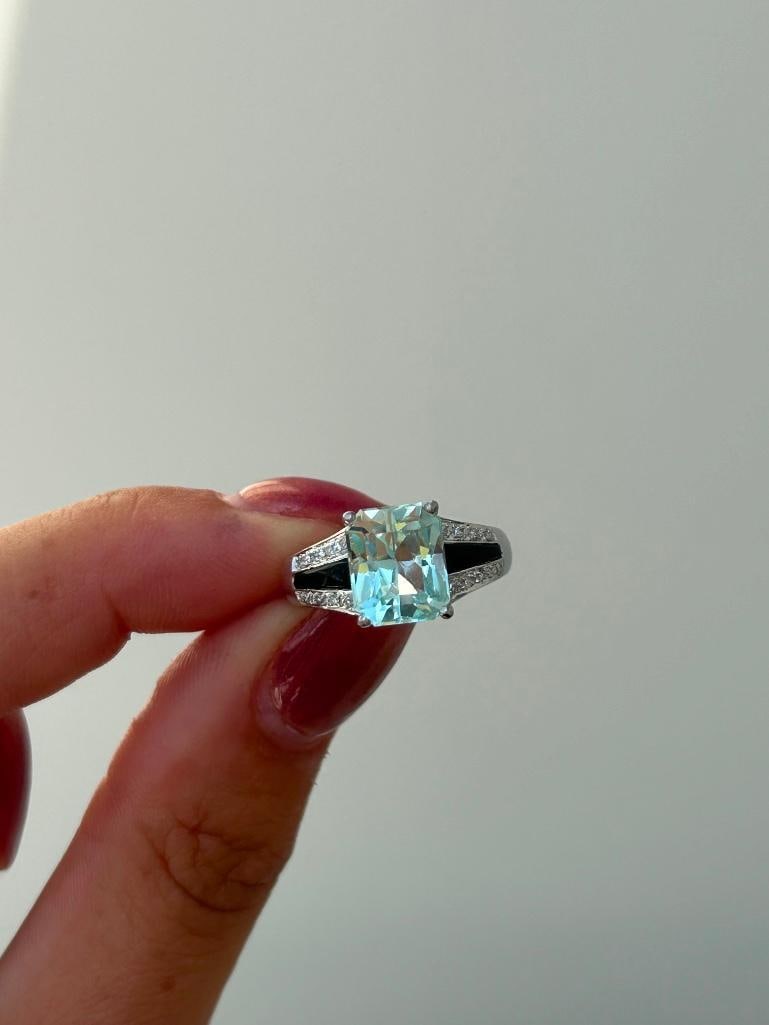 Amazing aquamarine Onyx and diamond 9K white gold chunky ring - 8