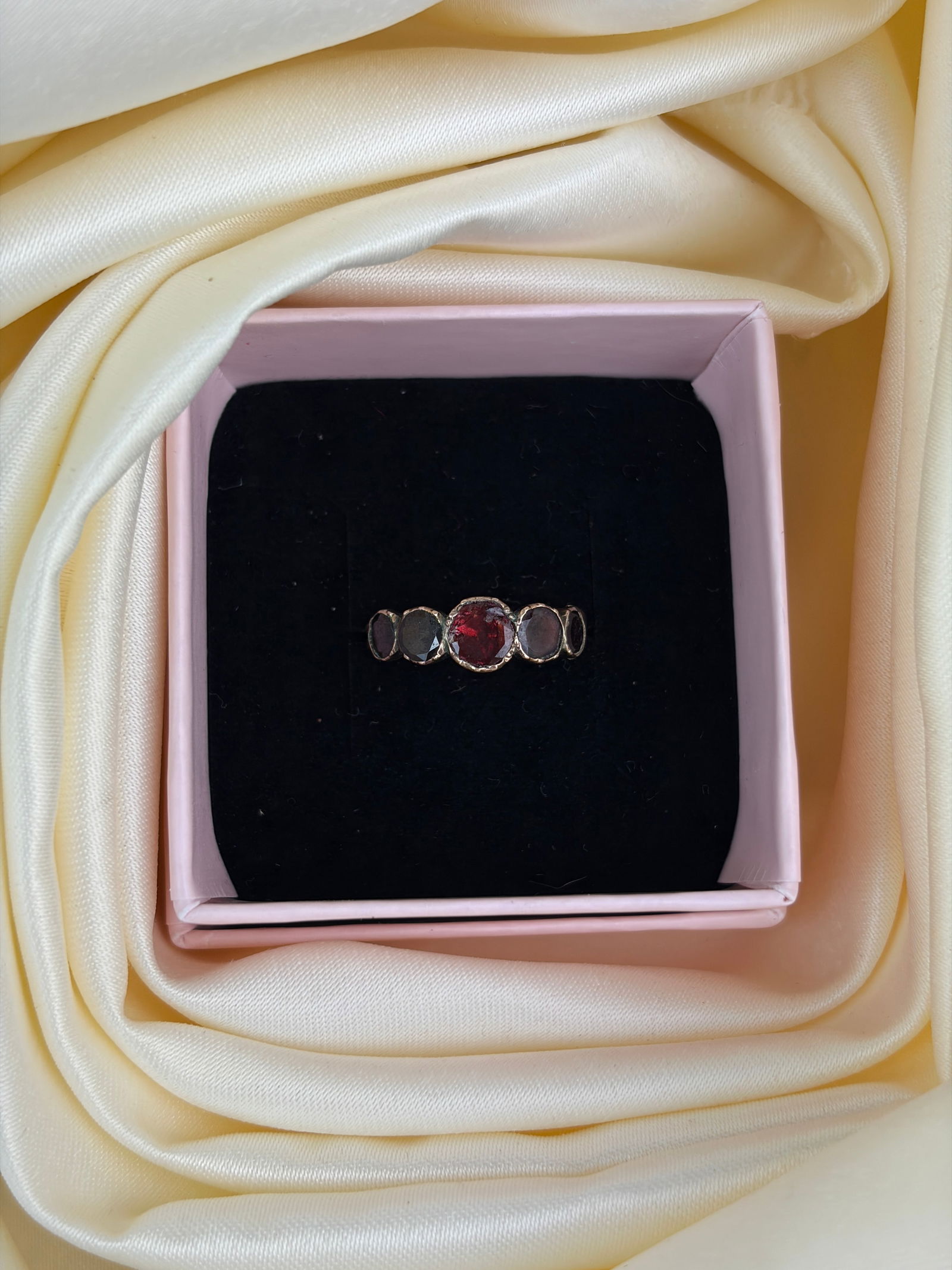 Antique flat cut garnet closed back gold ring half hoop band - 7