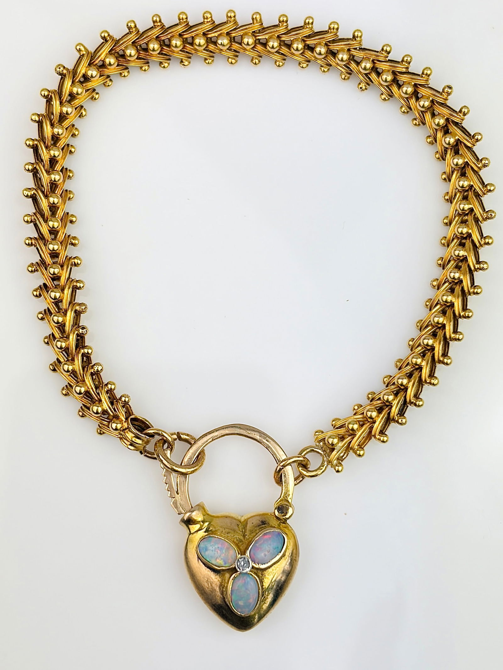 ANTIQUE 18CT YELLOW GOLD OPAL HEART PADLOCK AND UNIQUE LINK GATE BRACELET - 2