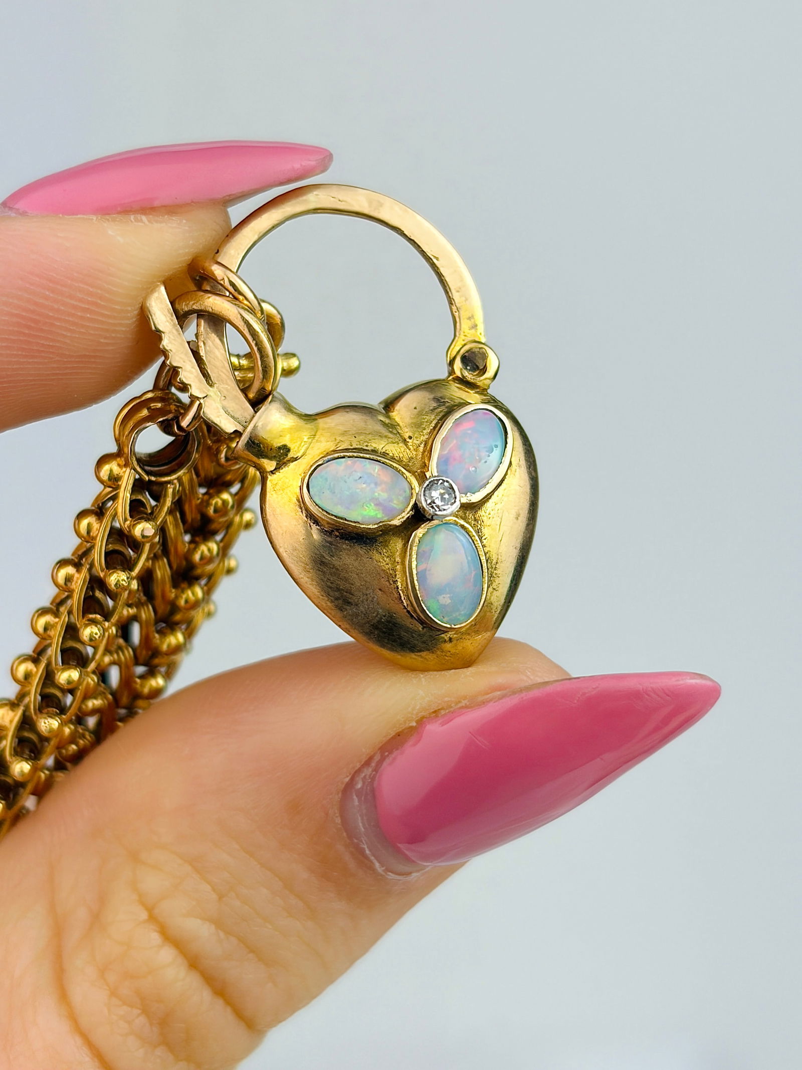 ANTIQUE 18CT YELLOW GOLD OPAL HEART PADLOCK AND UNIQUE LINK GATE BRACELET - 3