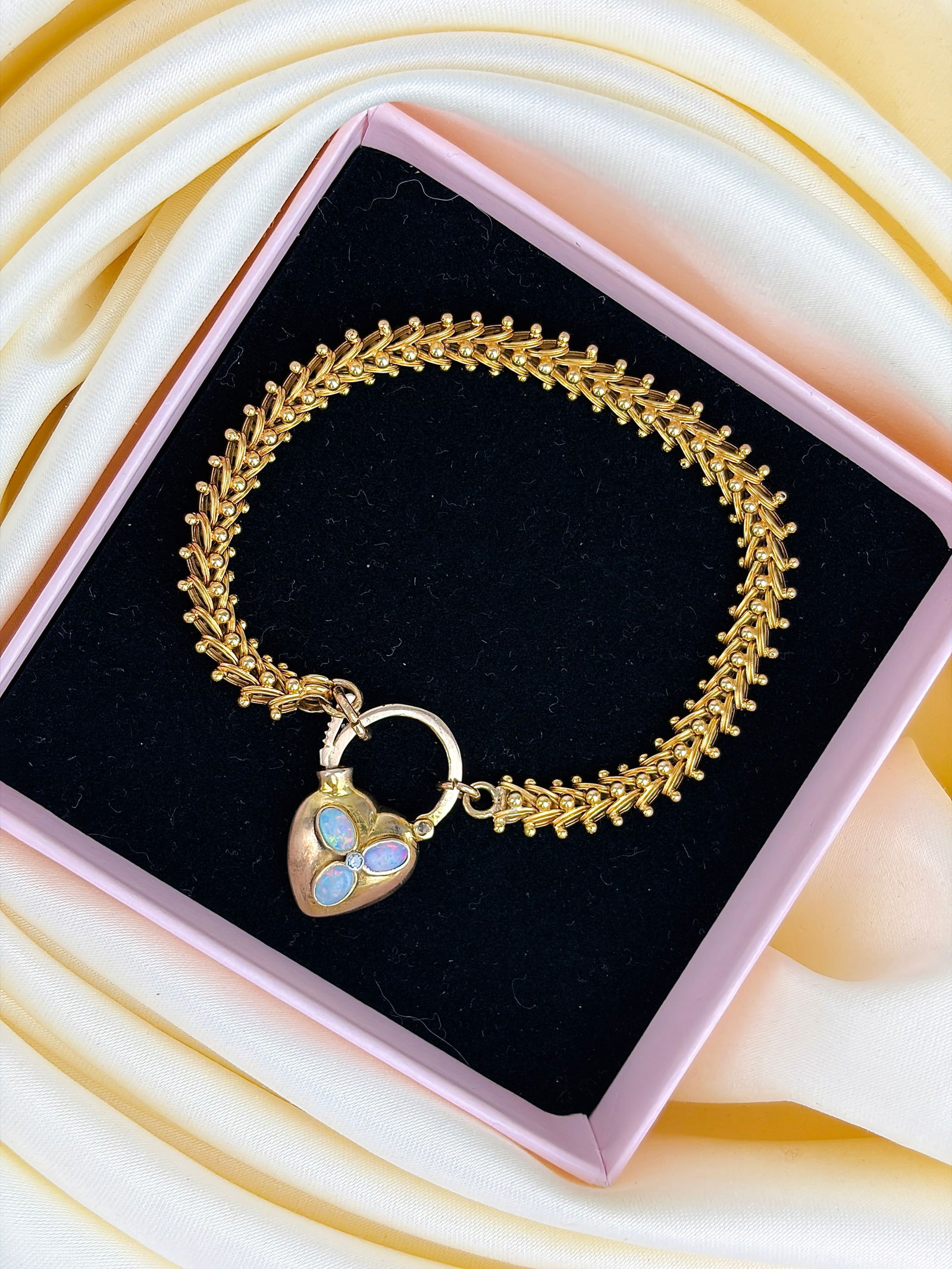 ANTIQUE 18CT YELLOW GOLD OPAL HEART PADLOCK AND UNIQUE LINK GATE BRACELET - 7