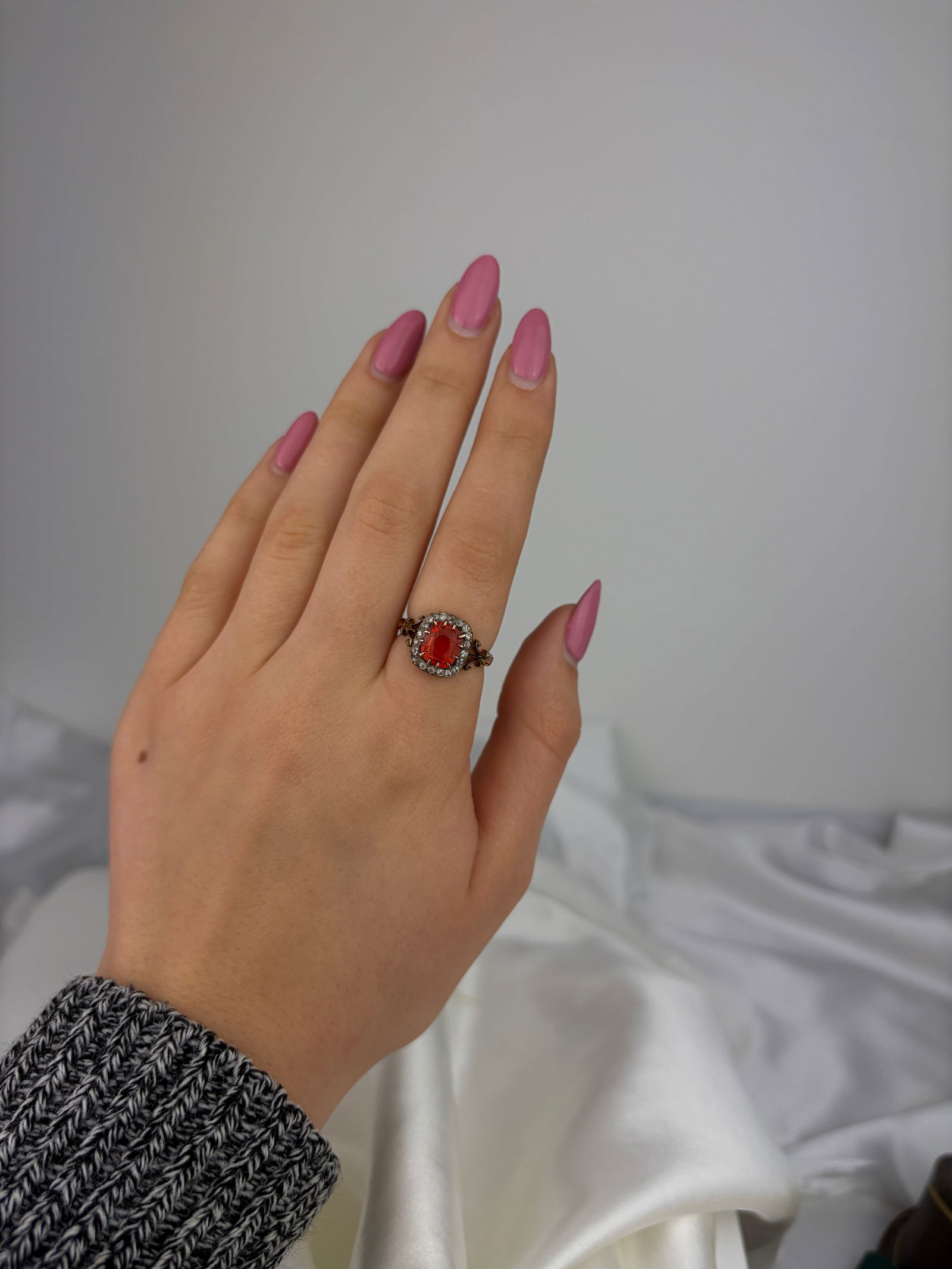 ANTIQUE GOLD FIRE OPAL AND DIAMOND HALO RING - 7