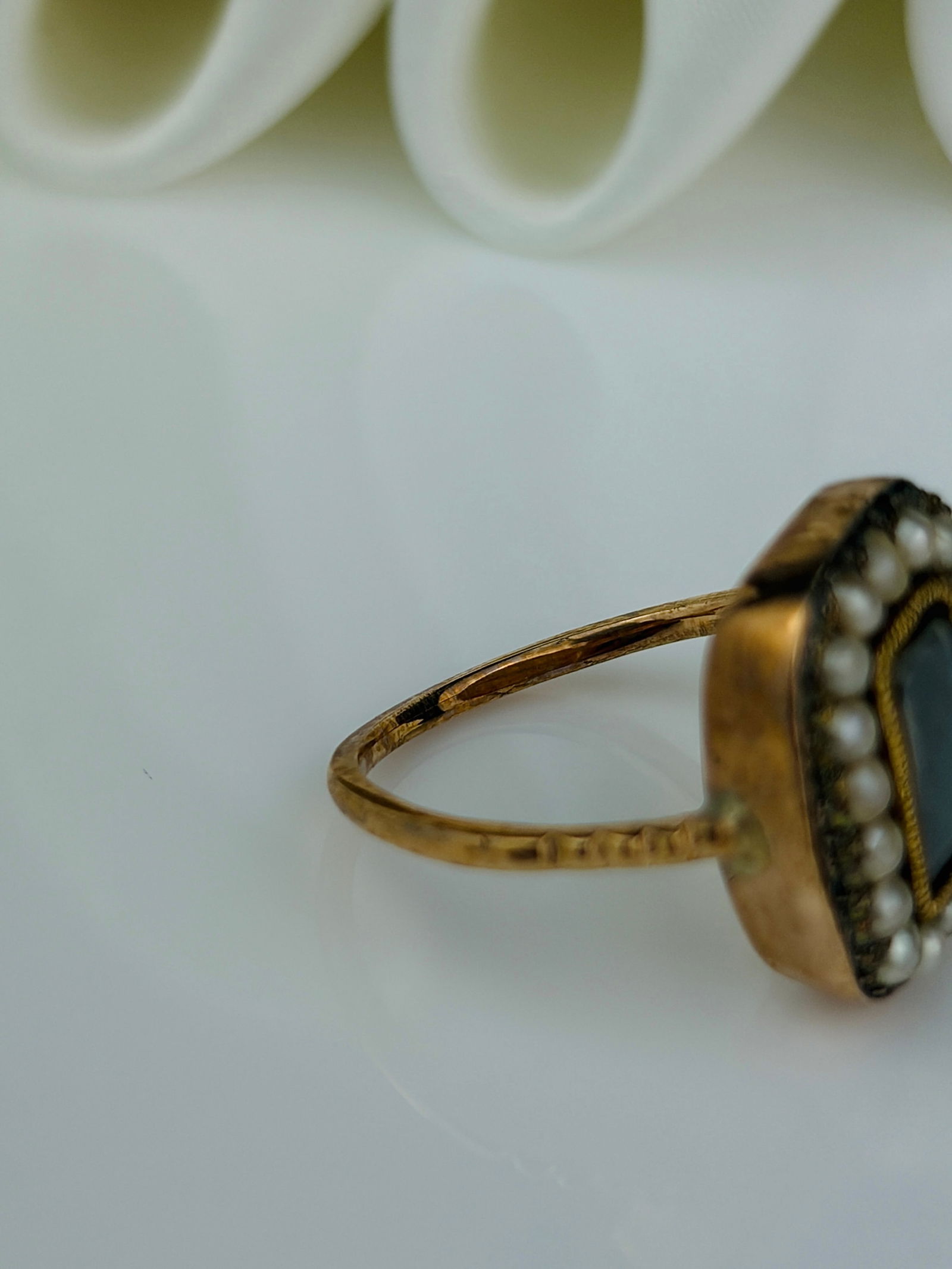 antique yellow gold pearl locket front mourning ring - 4
