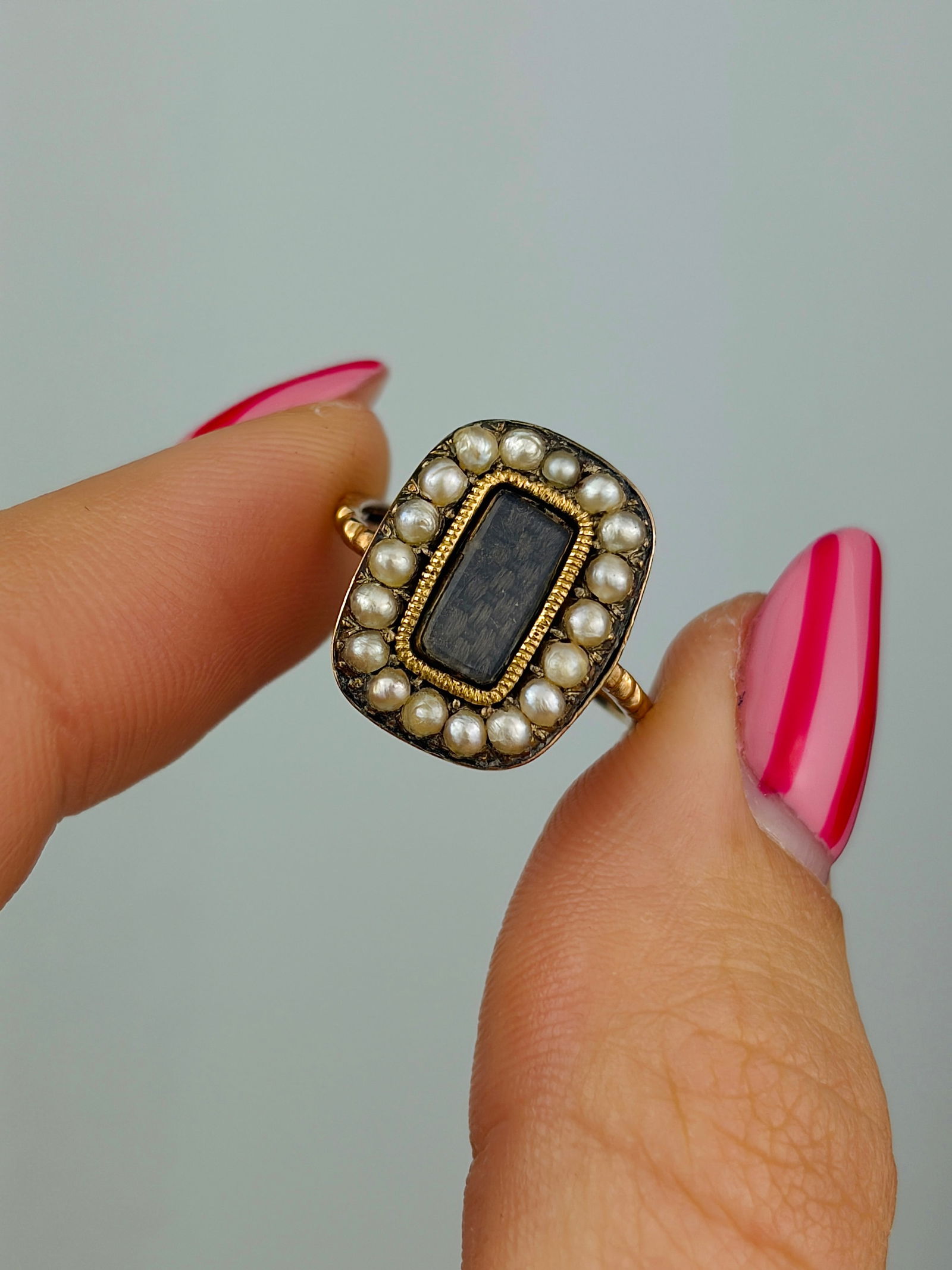 antique yellow gold pearl locket front mourning ring - 5