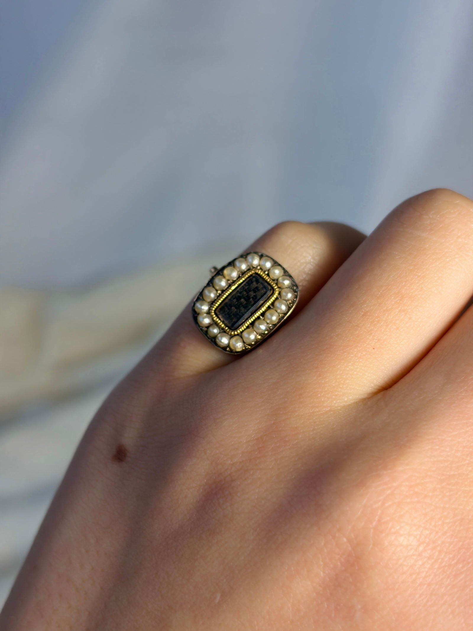 antique yellow gold pearl locket front mourning ring - 9