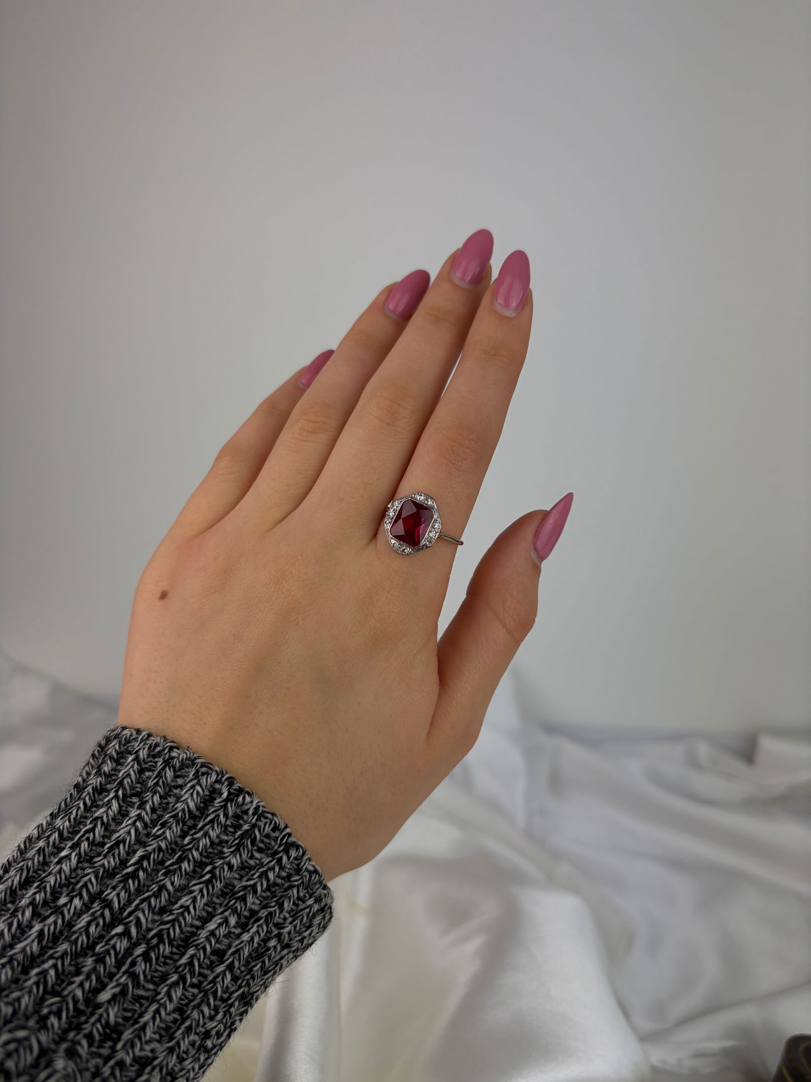 ANTIQUE ART DECO ERA 18CT WHITE GOLD RUBY AND DIAMOND PANEL RING - 7