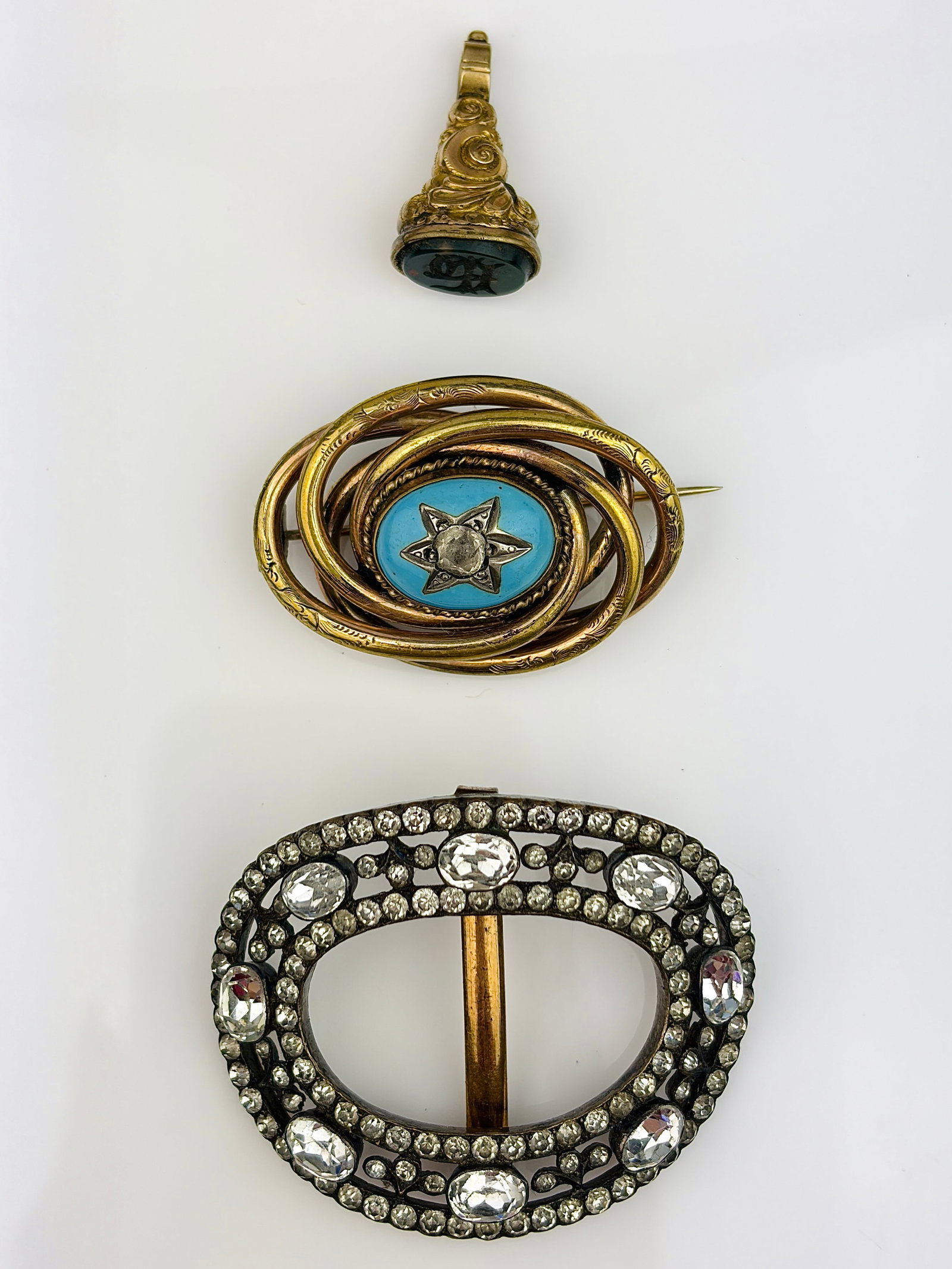 MIXED LOT ANTIQUE PASTE BUCKLE, BROOCH AND FOB (1 of 3)