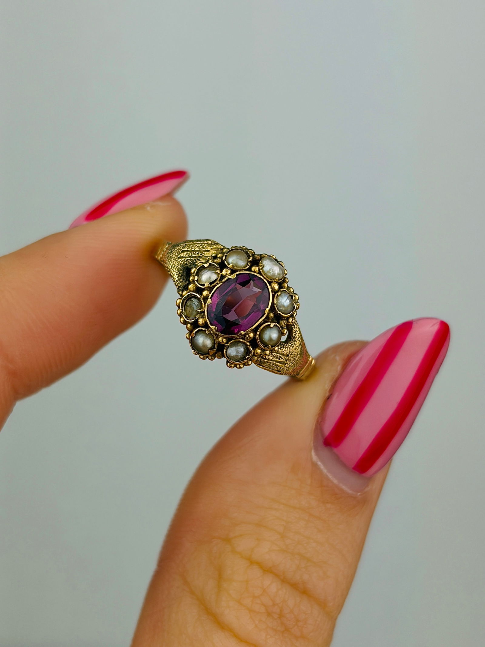 antique gemset and pearl cluster ring in gold - 6