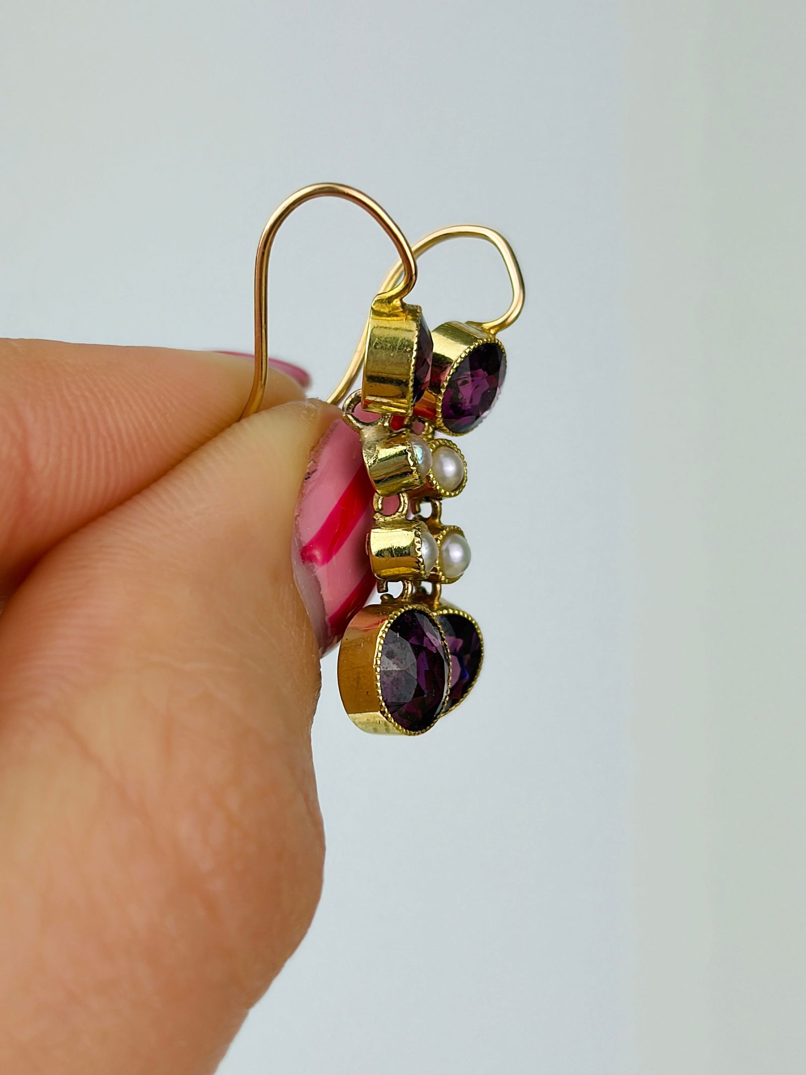 sweet antique pearl and amethyst 15ct gold drop earrings - 2
