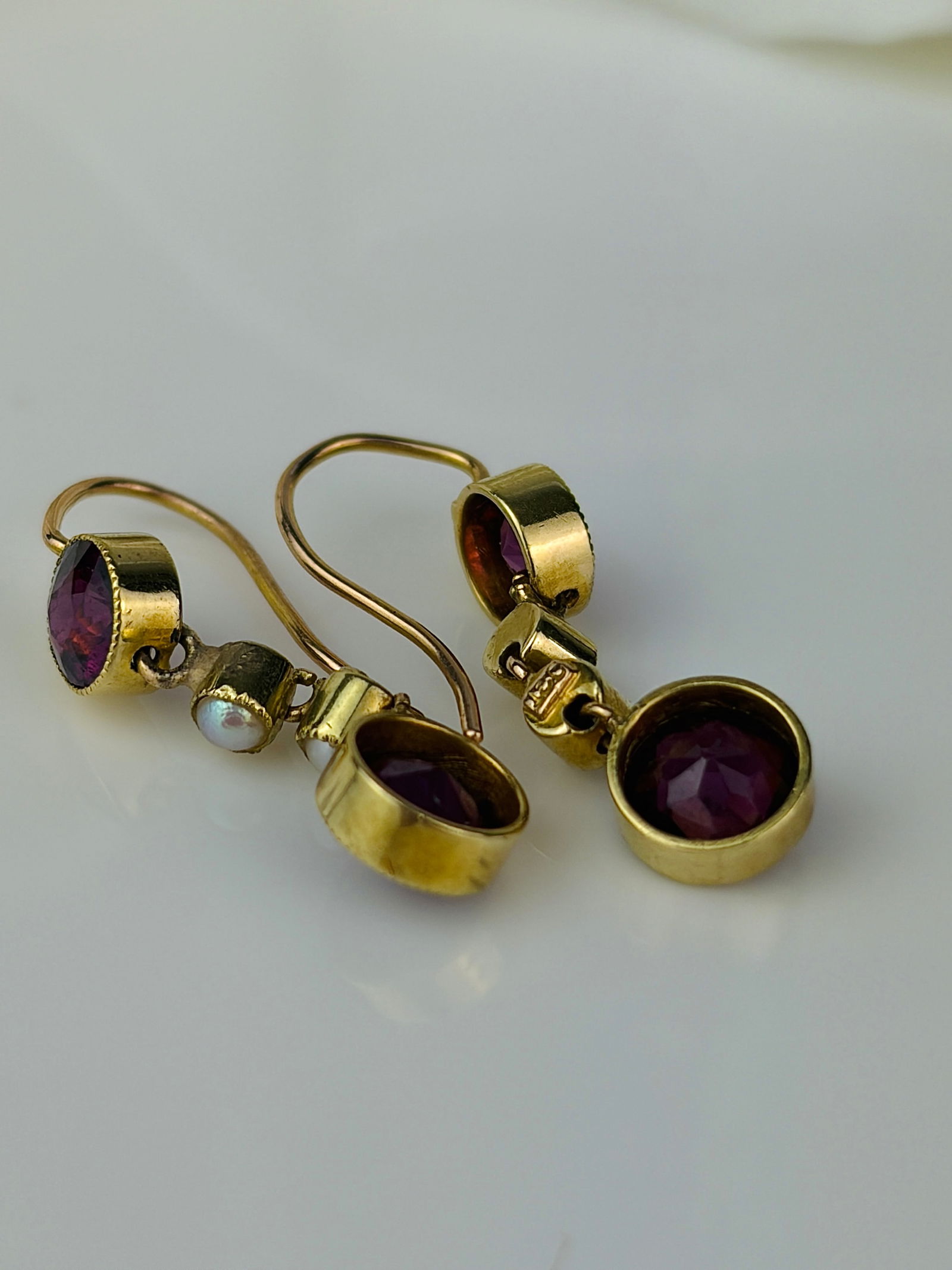 sweet antique pearl and amethyst 15ct gold drop earrings - 4
