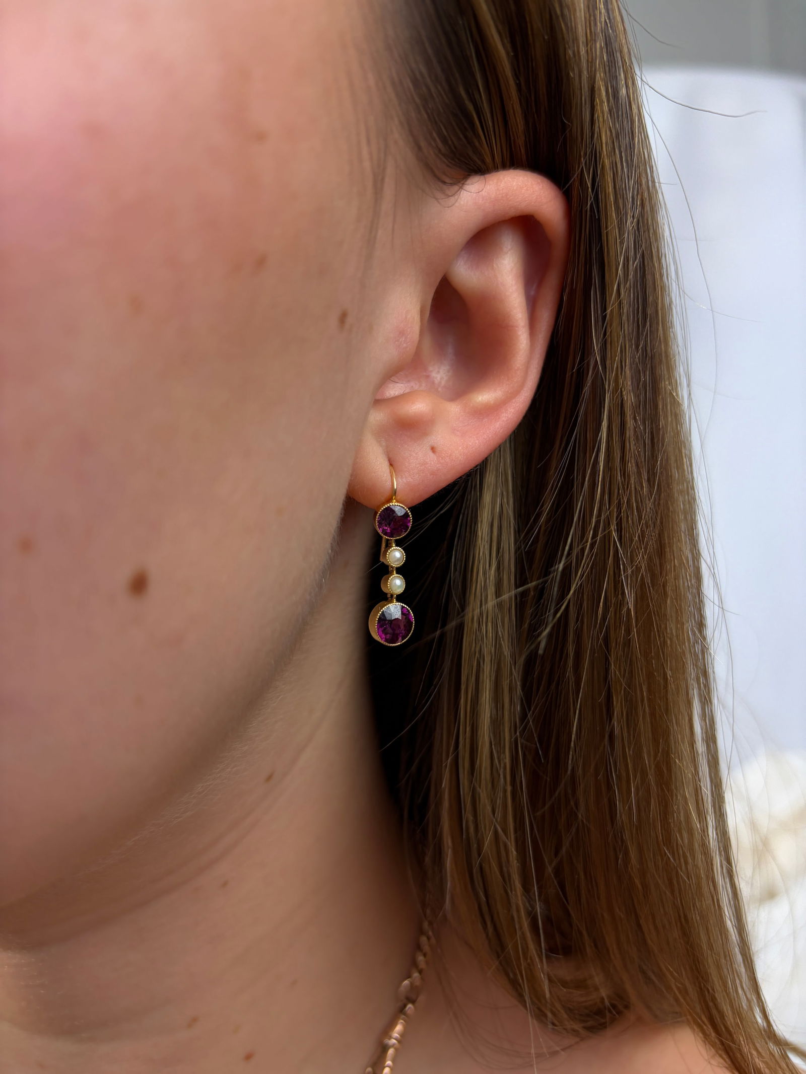 sweet antique pearl and amethyst 15ct gold drop earrings - 7