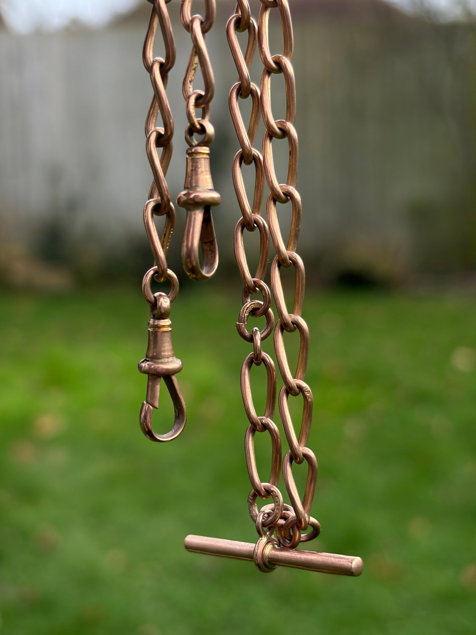 heavy antique 9ct rose gold double Albert chain necklace with tbar and dog clips - 10