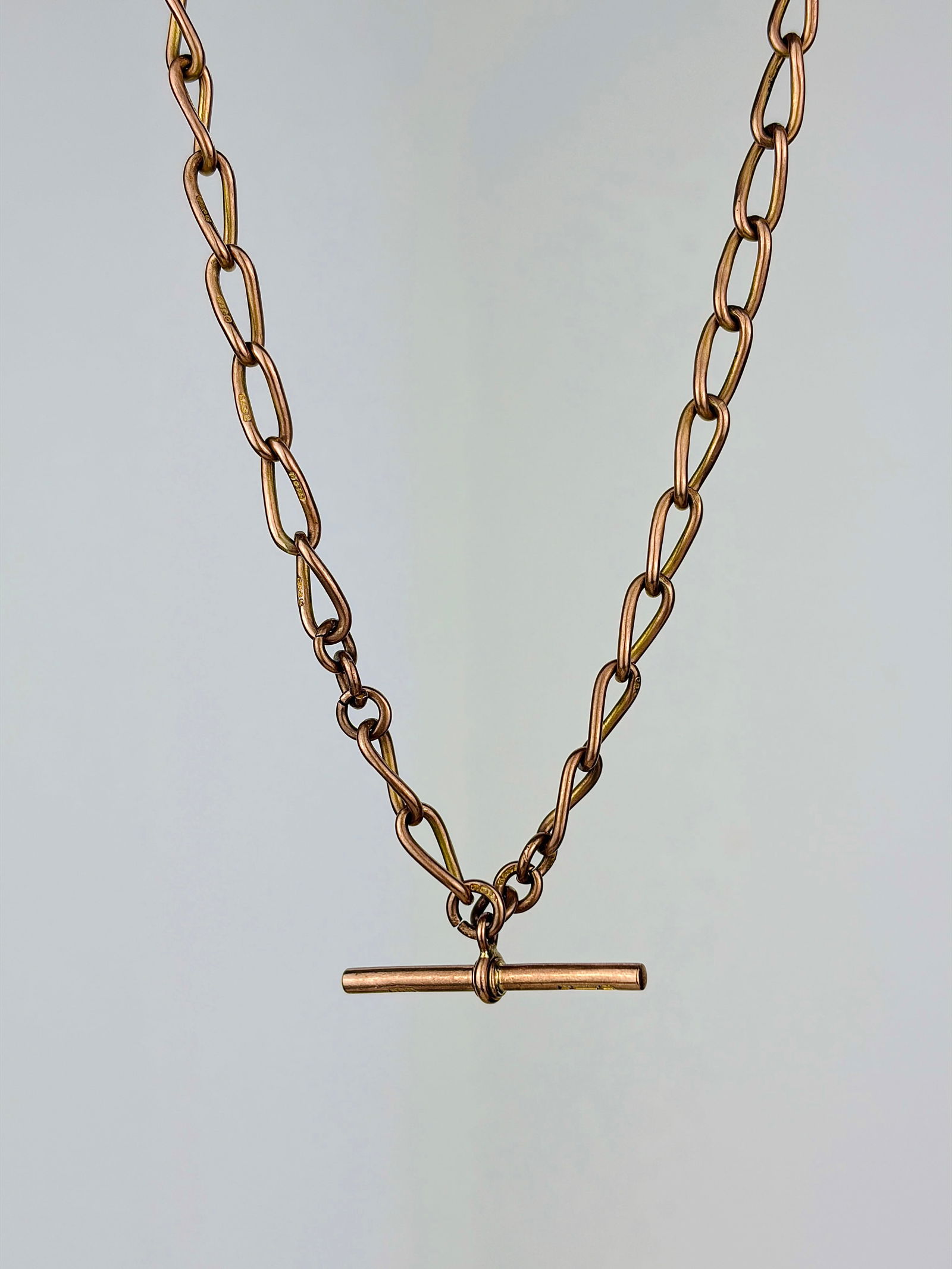 heavy antique 9ct rose gold double Albert chain necklace with tbar and dog clips - 2