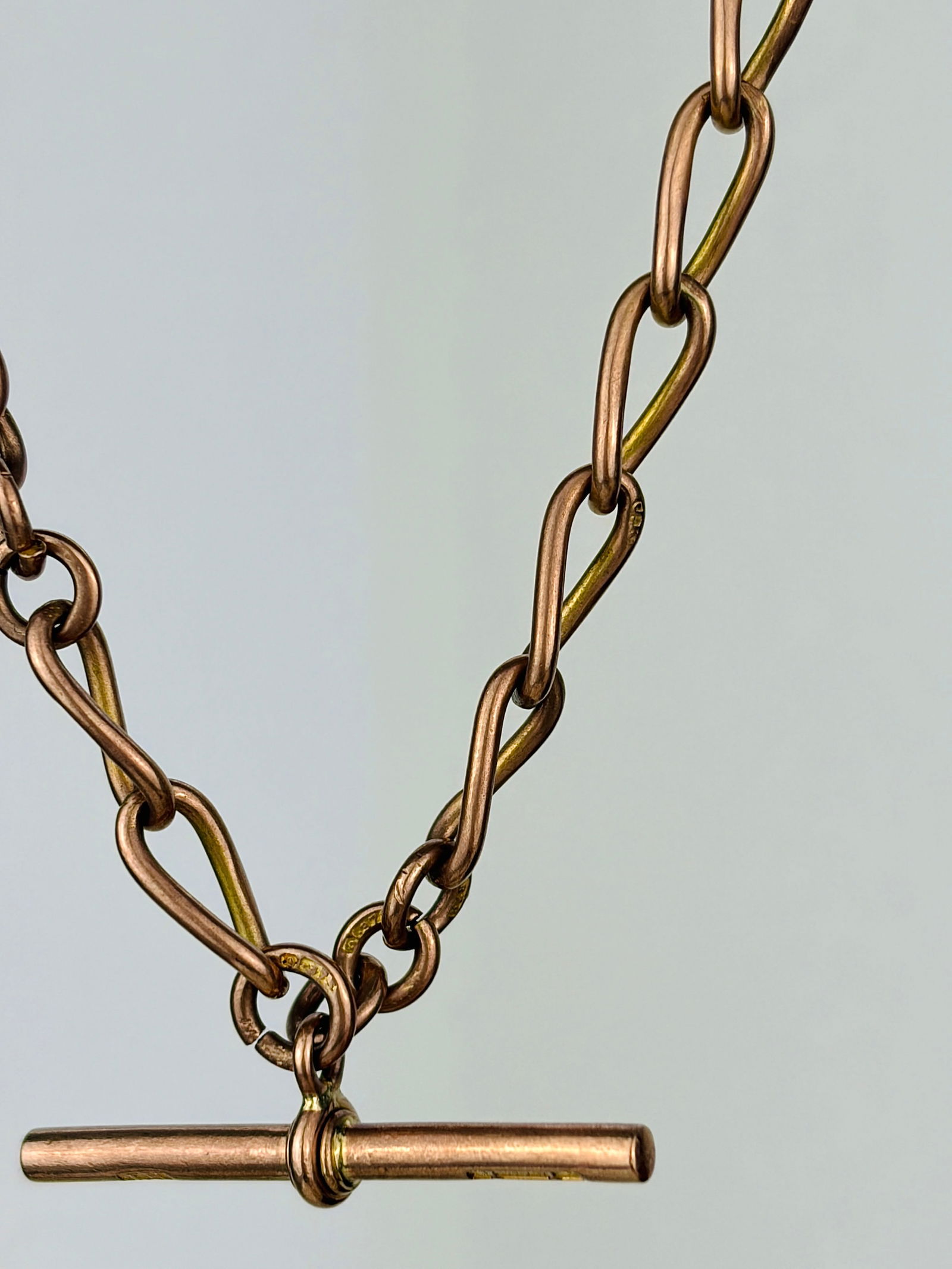 heavy antique 9ct rose gold double Albert chain necklace with tbar and dog clips - 3