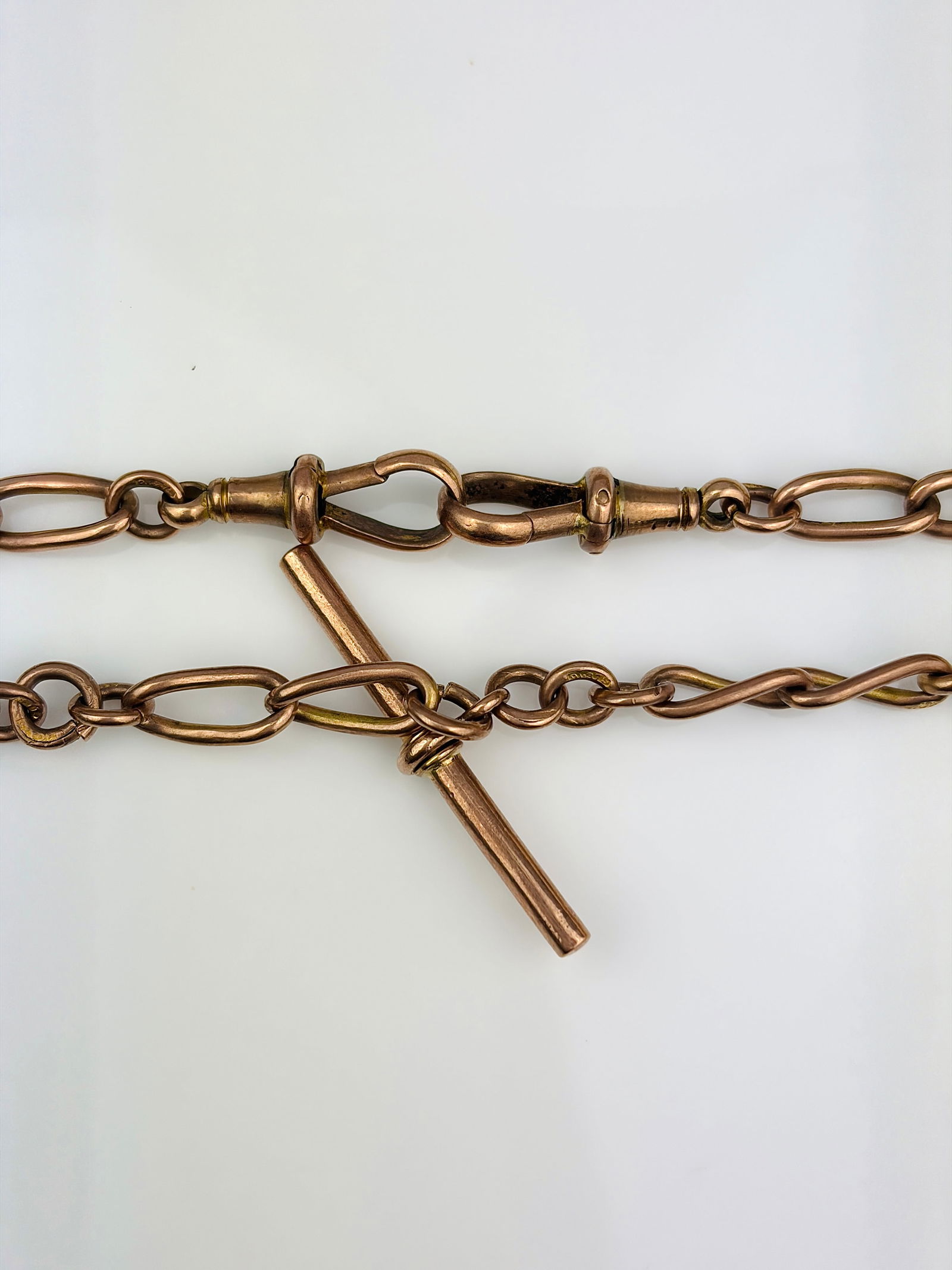 heavy antique 9ct rose gold double Albert chain necklace with tbar and dog clips - 4