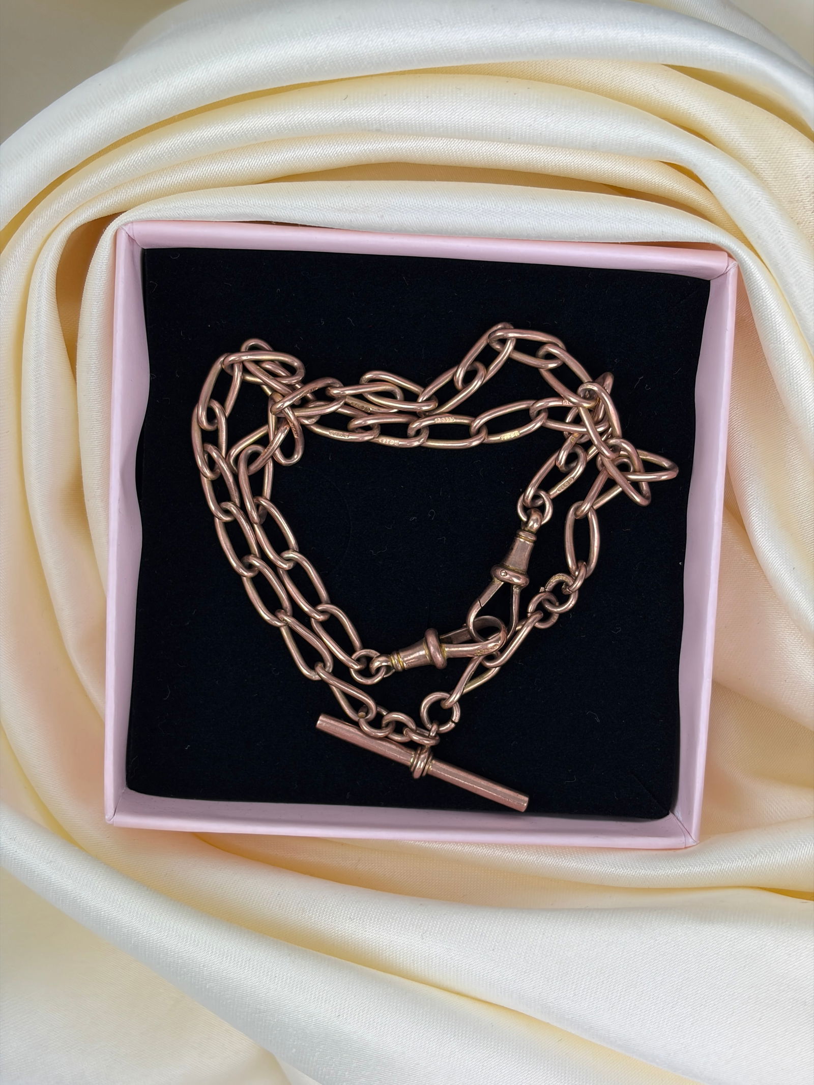 heavy antique 9ct rose gold double Albert chain necklace with tbar and dog clips - 7