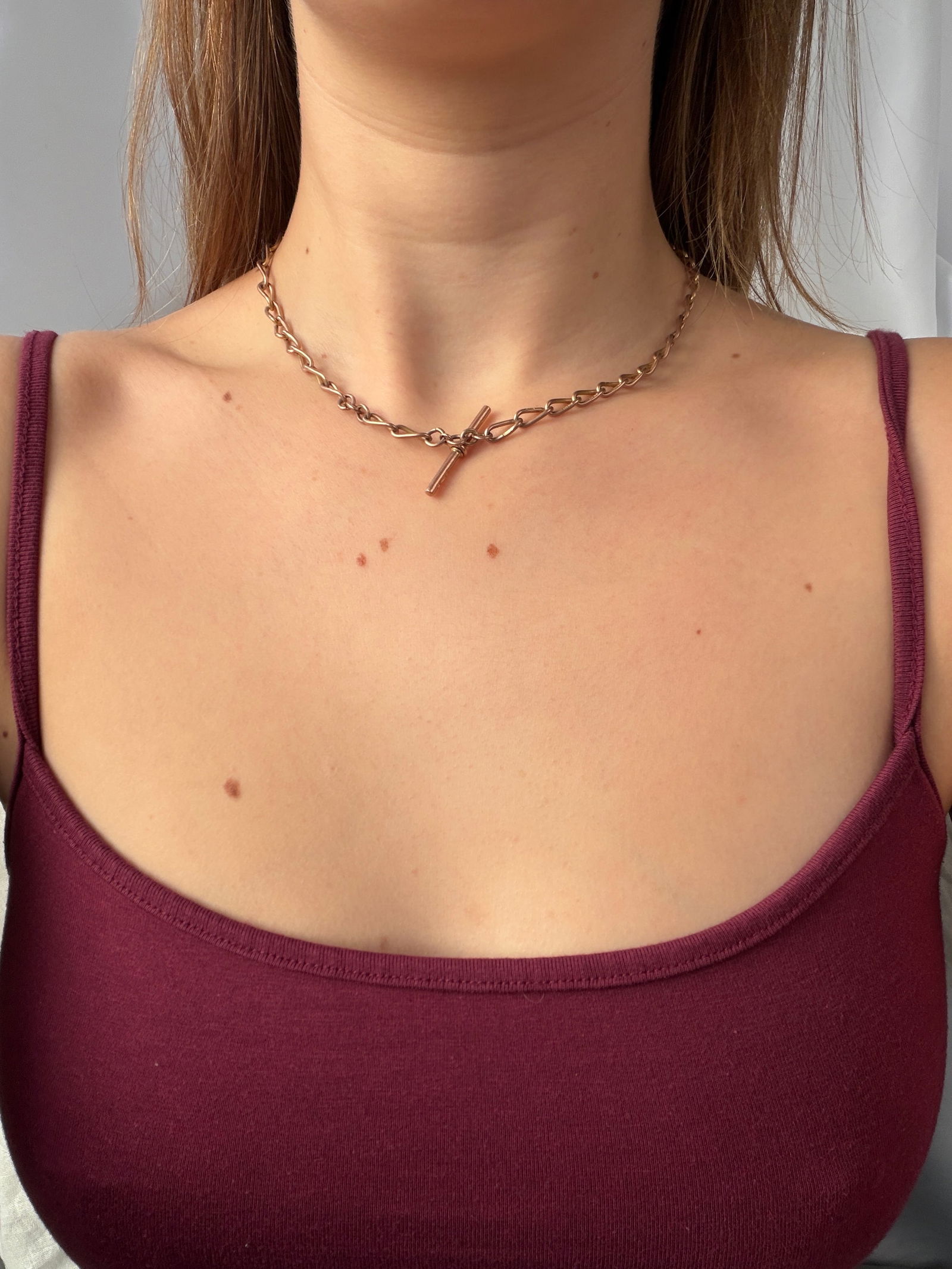 heavy antique 9ct rose gold double Albert chain necklace with tbar and dog clips - 8