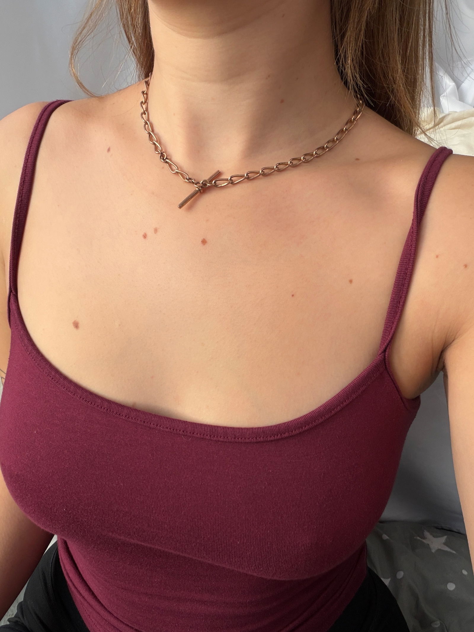 heavy antique 9ct rose gold double Albert chain necklace with tbar and dog clips - 9