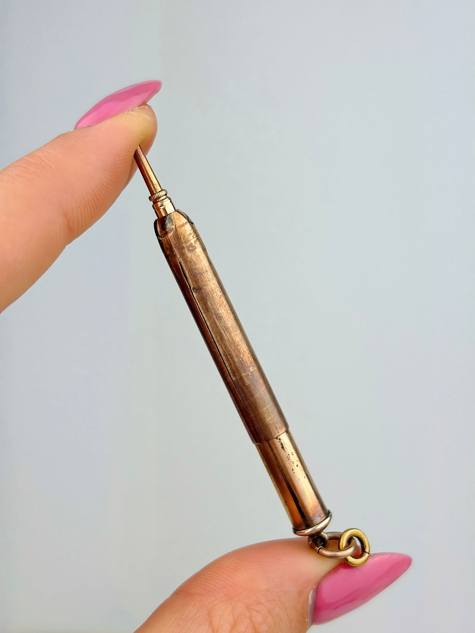 ANTIQUE GOLD PENCIL BANGLE BRACELET WITH PEARL INITIAL - 4