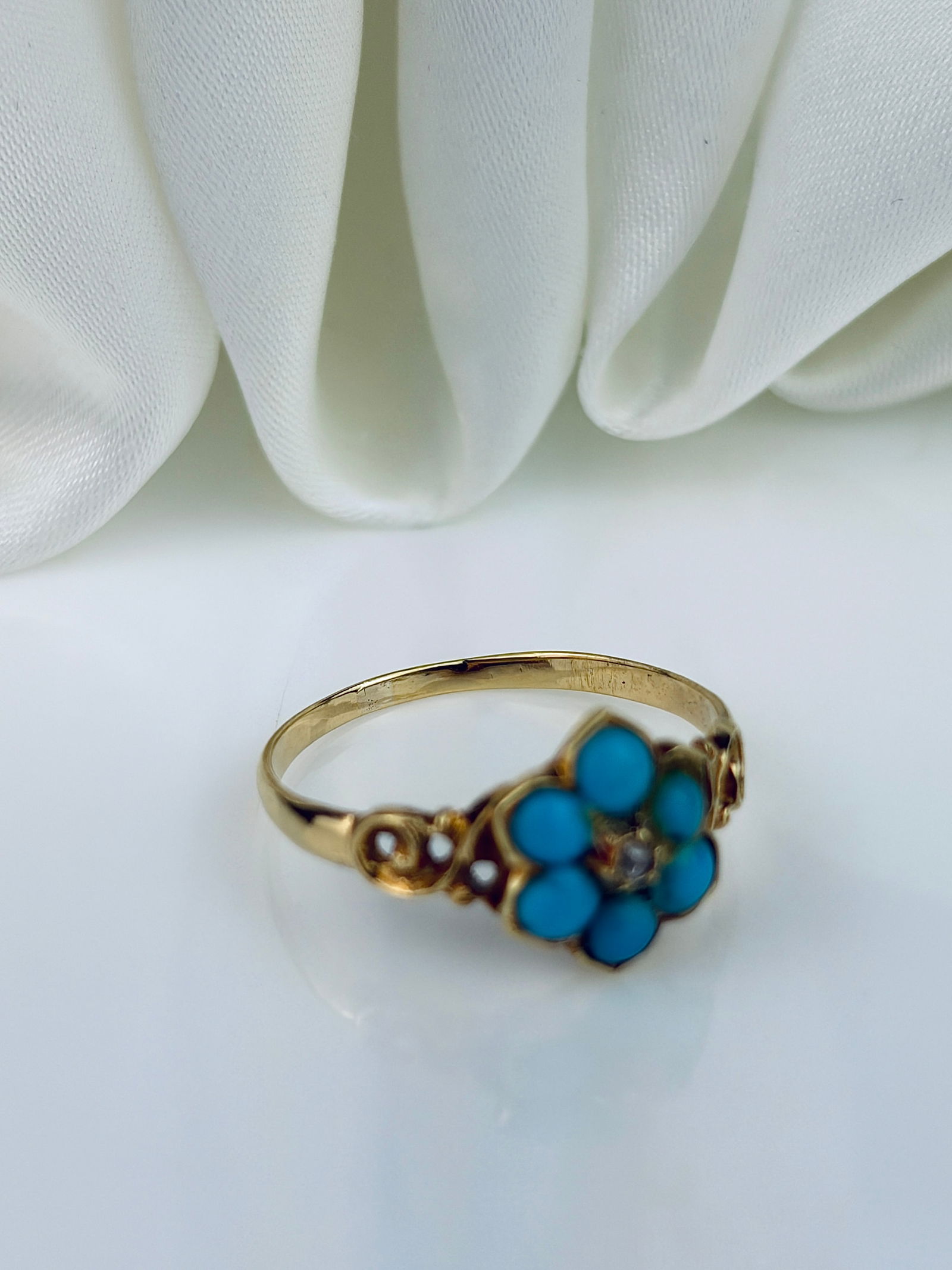 ANTIQUE 18CT YELLOW GOLD TURQUOISE AND DIAMOND CLUSTER FLOWER RING - 4