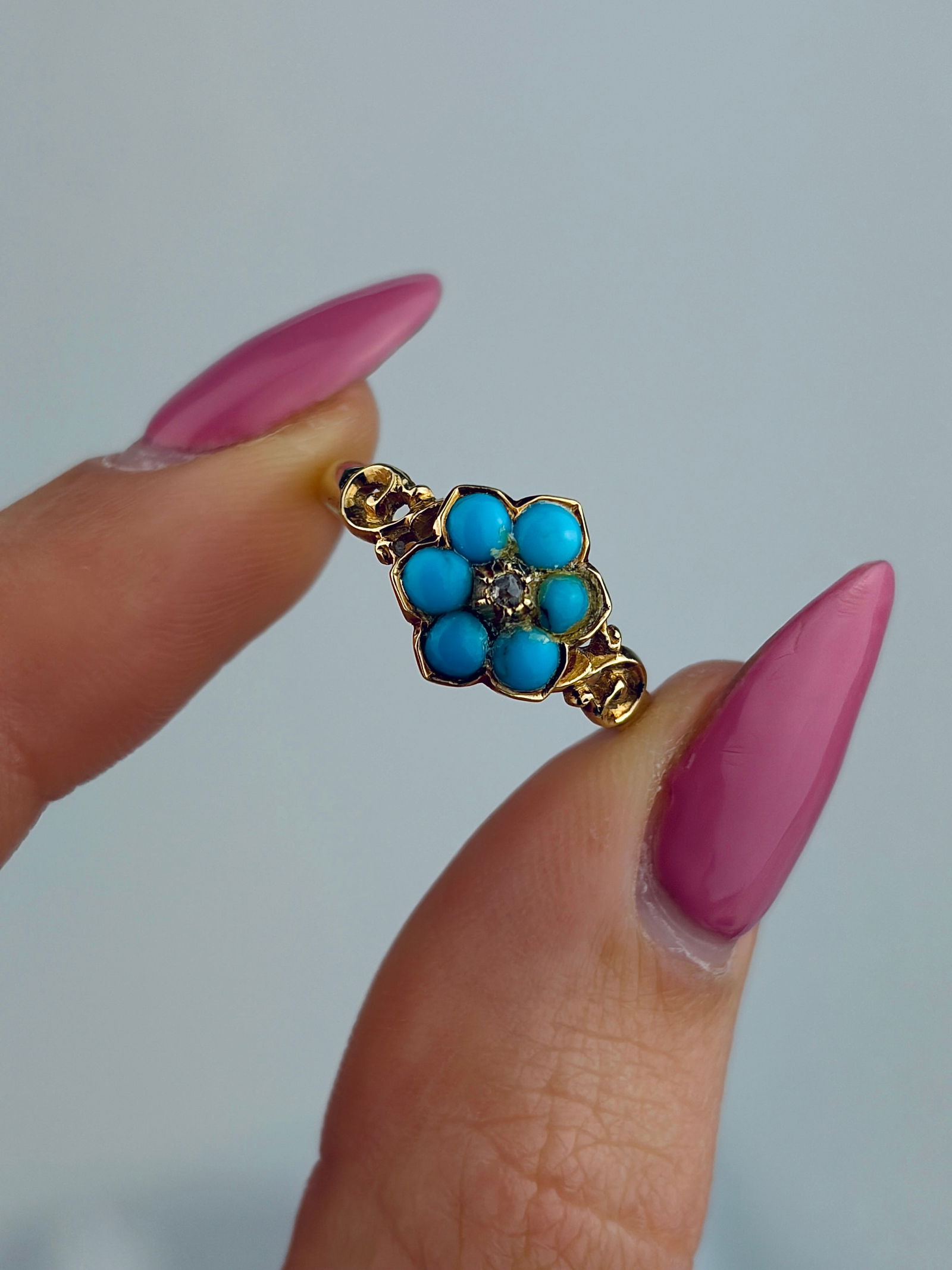 ANTIQUE 18CT YELLOW GOLD TURQUOISE AND DIAMOND CLUSTER FLOWER RING - 5