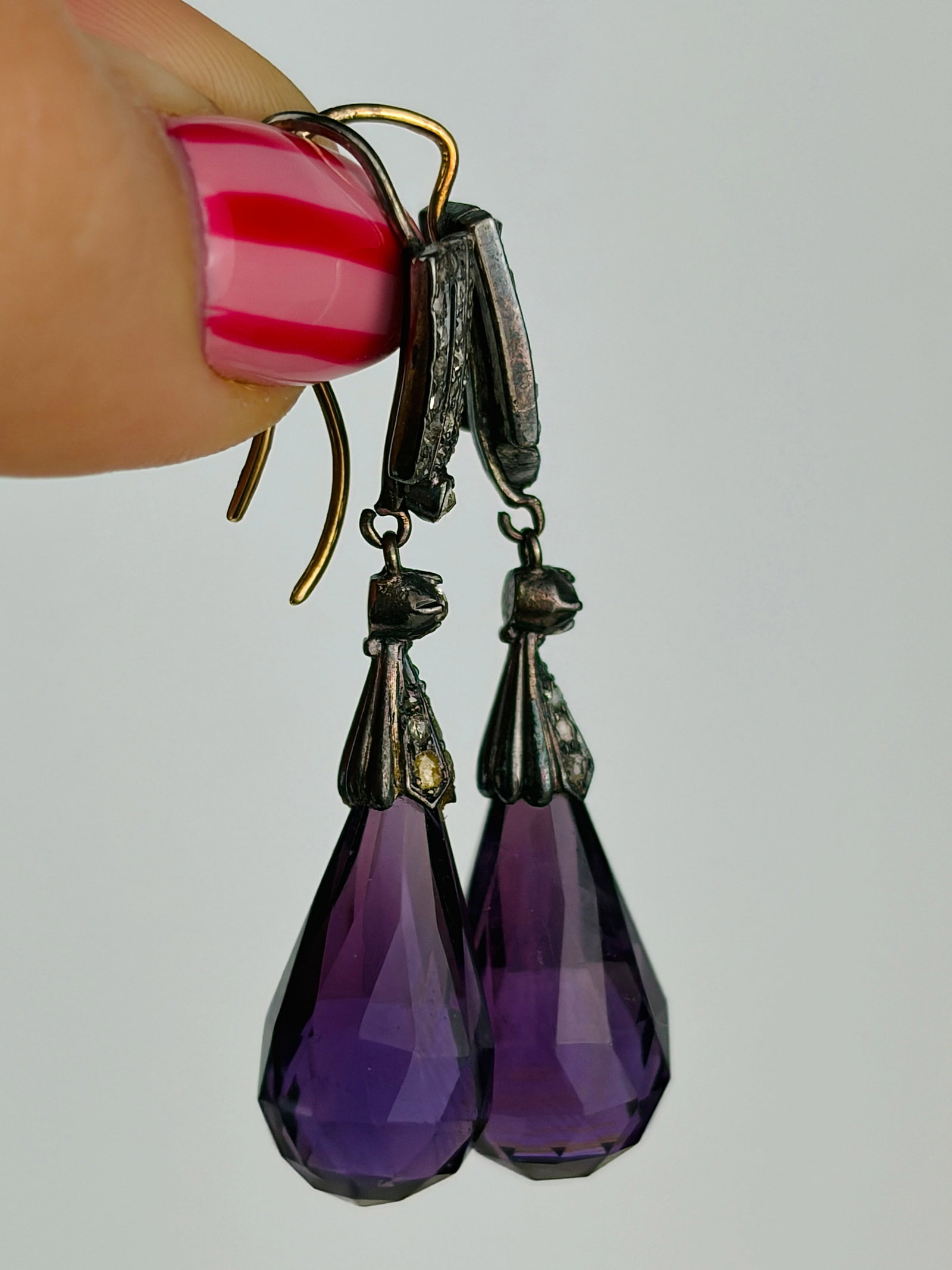 Antique carved amethyst and diamond drop earrings in fitted box AF - 3