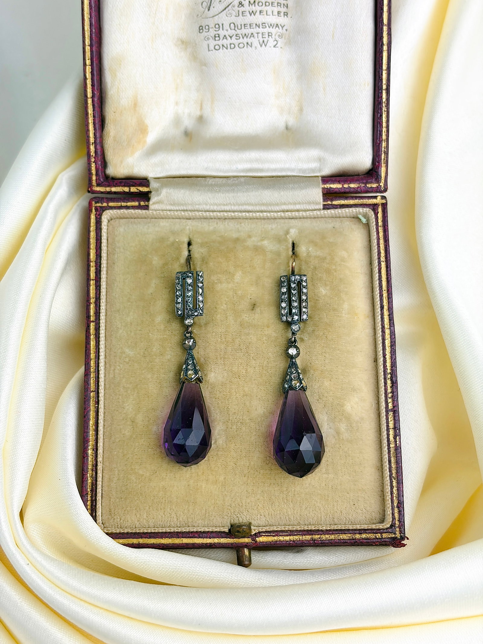 Antique carved amethyst and diamond drop earrings in fitted box AF - 8