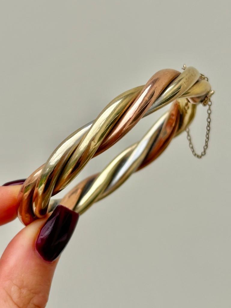 Extra Heavy Vintage Tri Colour 9ct Gold Chunky Twist Bangle / Bracelet - 7