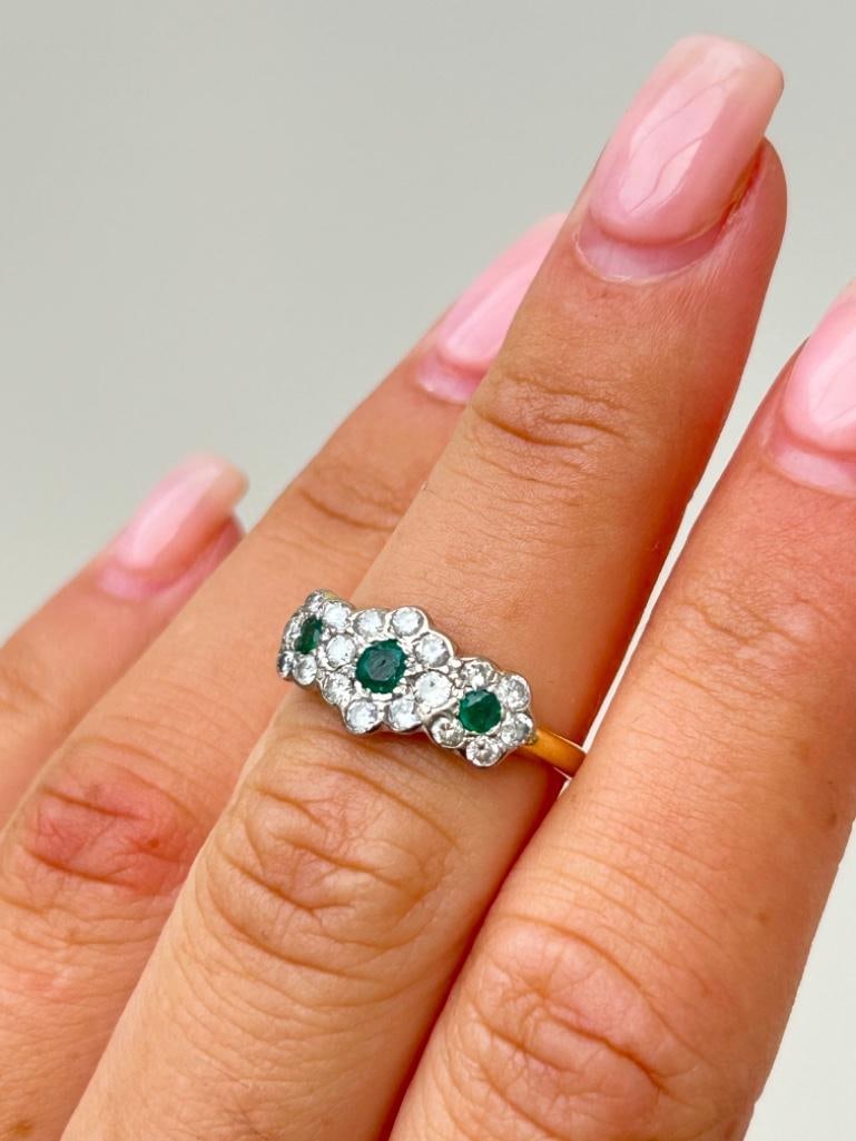 *Antique 18ct Yellow Gold Emerald and Diamond Triple Cluster Ring - 5