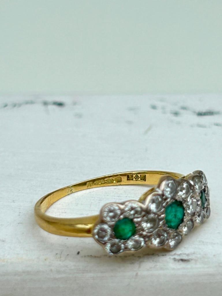 *Antique 18ct Yellow Gold Emerald and Diamond Triple Cluster Ring - 7