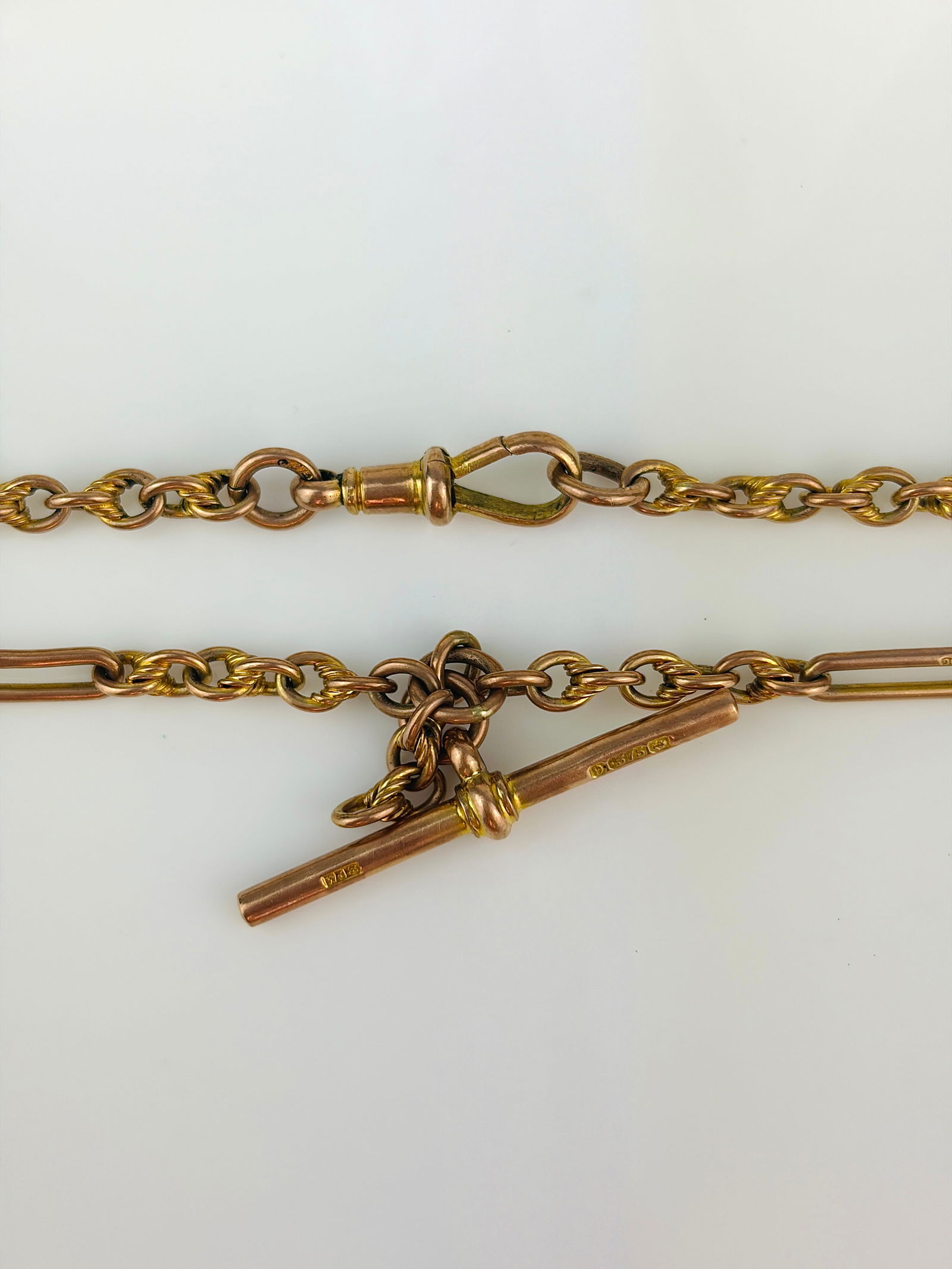 Antique 9ct gold paperclip and twist link double Albert chain with bar necklace - 2
