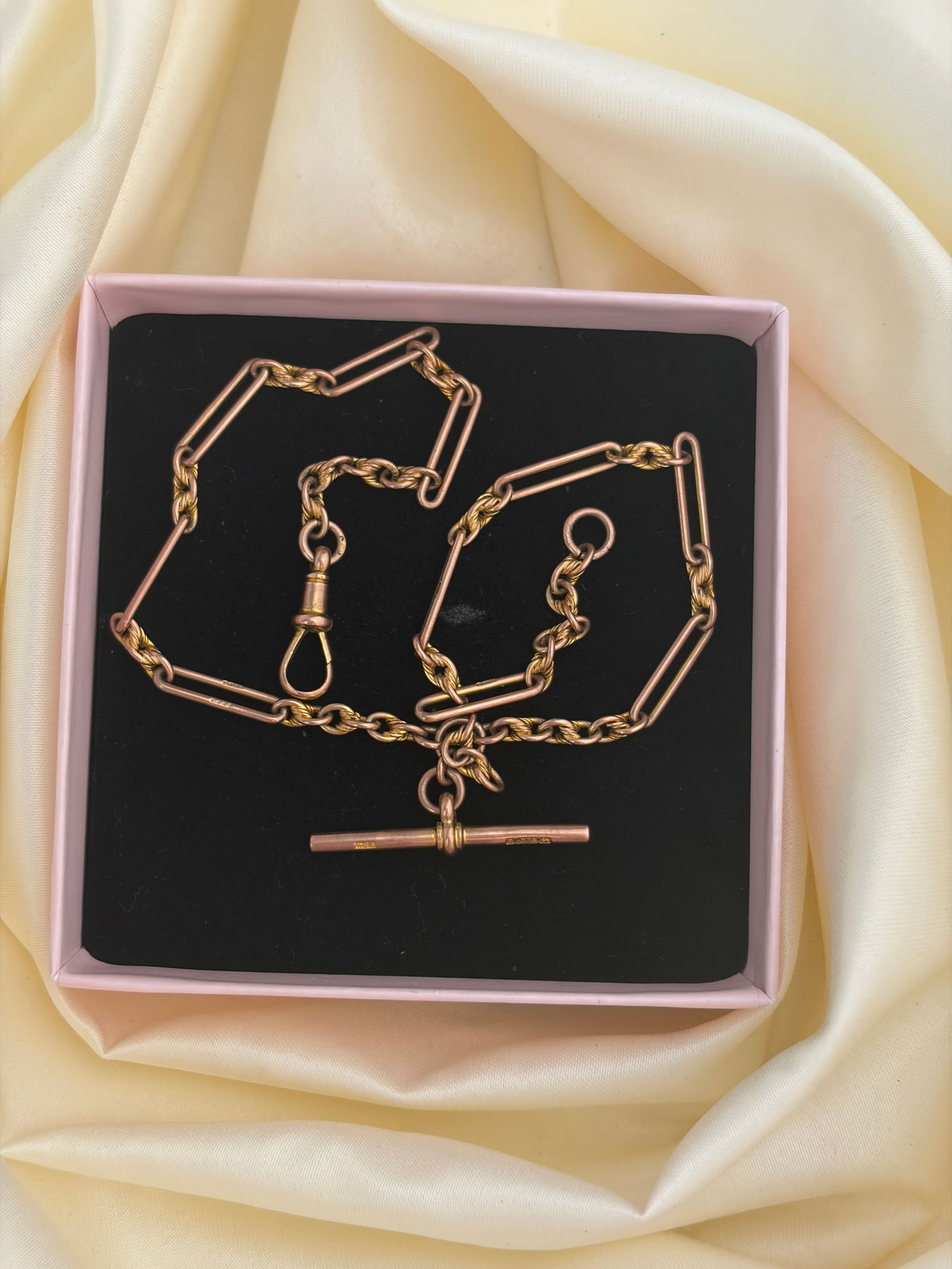 Antique 9ct gold paperclip and twist link double Albert chain with bar necklace - 5