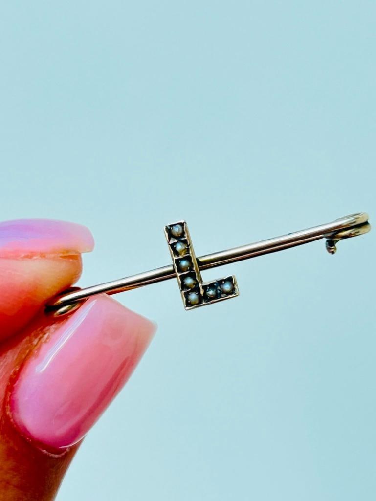 Antique 9ct Gold Pearl L Brooch Safety Pin - 6