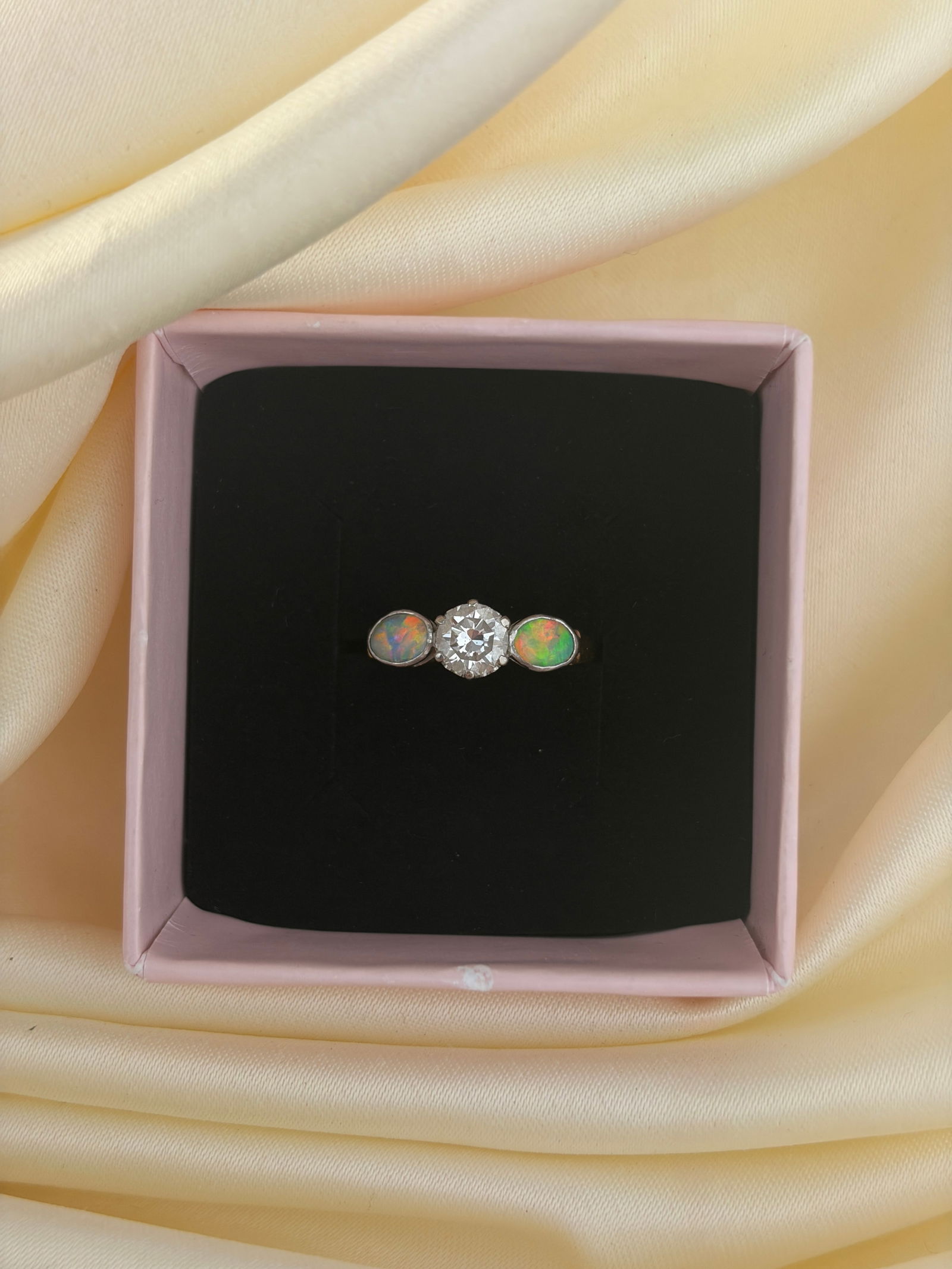 Unusual black opal and 70pts diamond 3 stone ring in 18ct yellow gold and platinum - 7