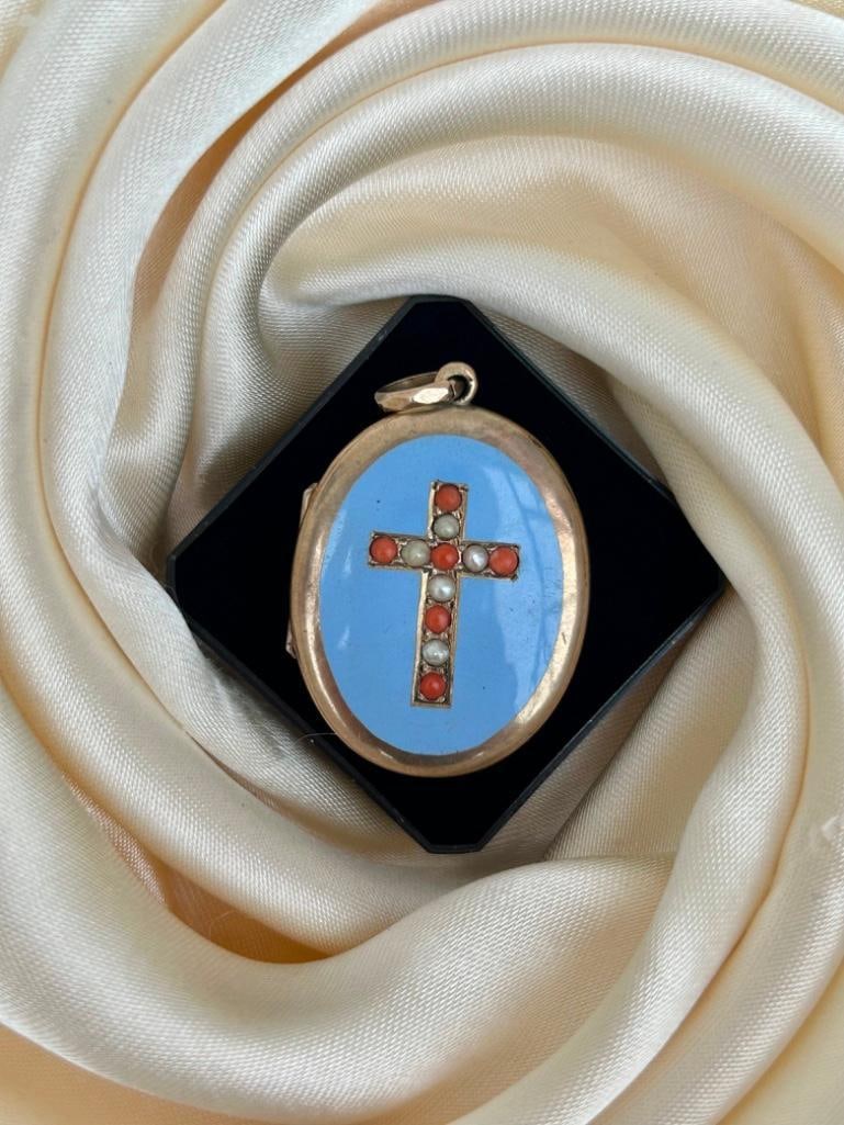 Antique Large Enamel Coral and Pearl Gold Locket Pendant - 4